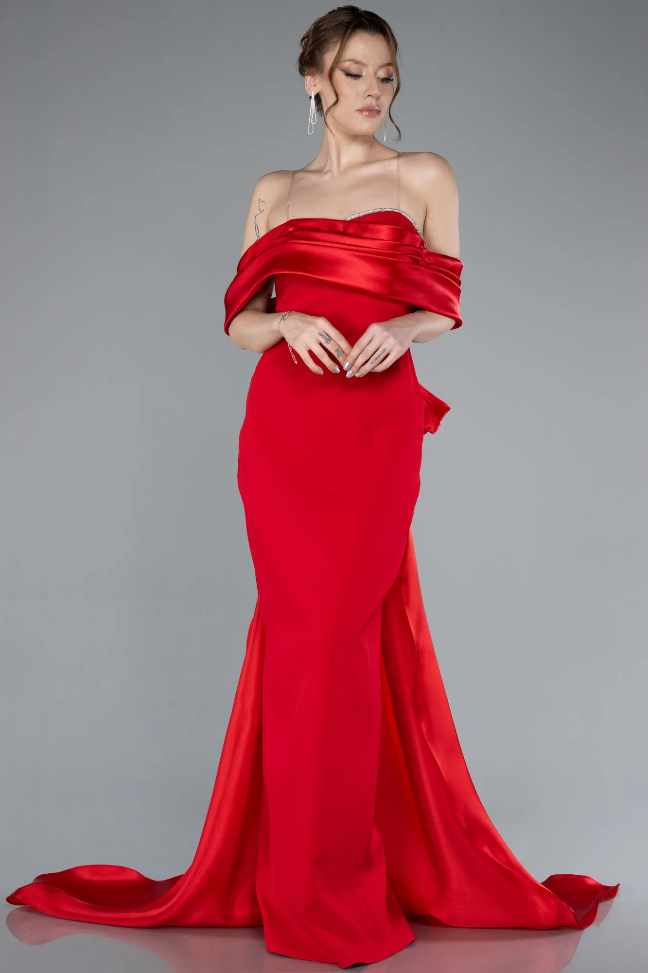 Red-Satin Boat Neck Tail Long Mermaid Evening Dress ABU4797