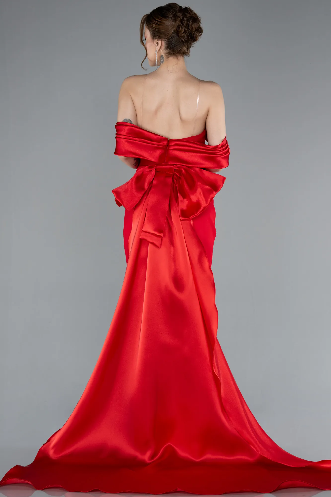 Red-Satin Boat Neck Tail Long Mermaid Evening Dress ABU4797