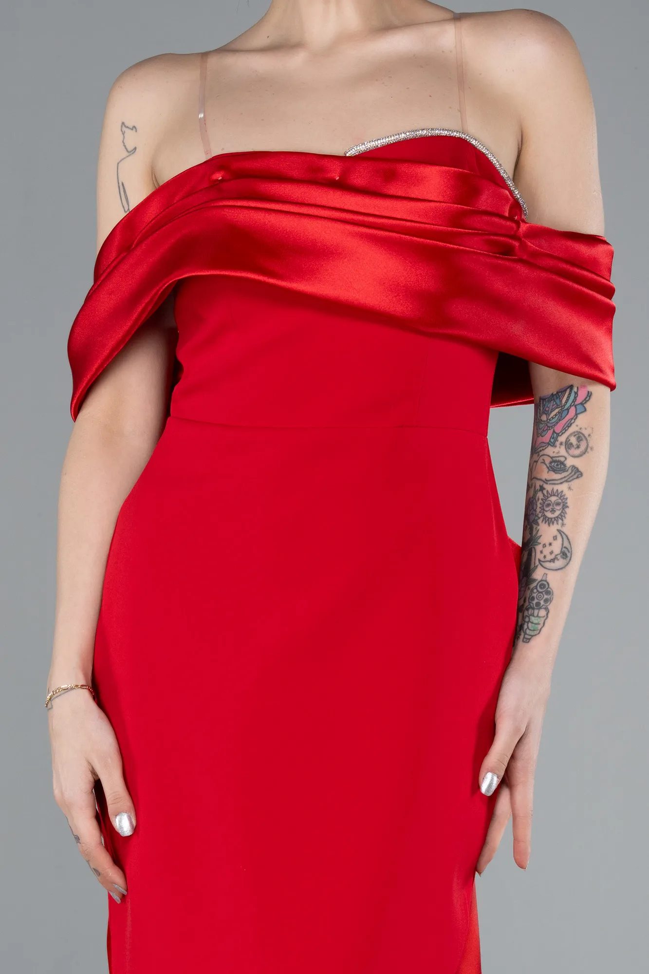 Red-Satin Boat Neck Tail Long Mermaid Evening Dress ABU4797