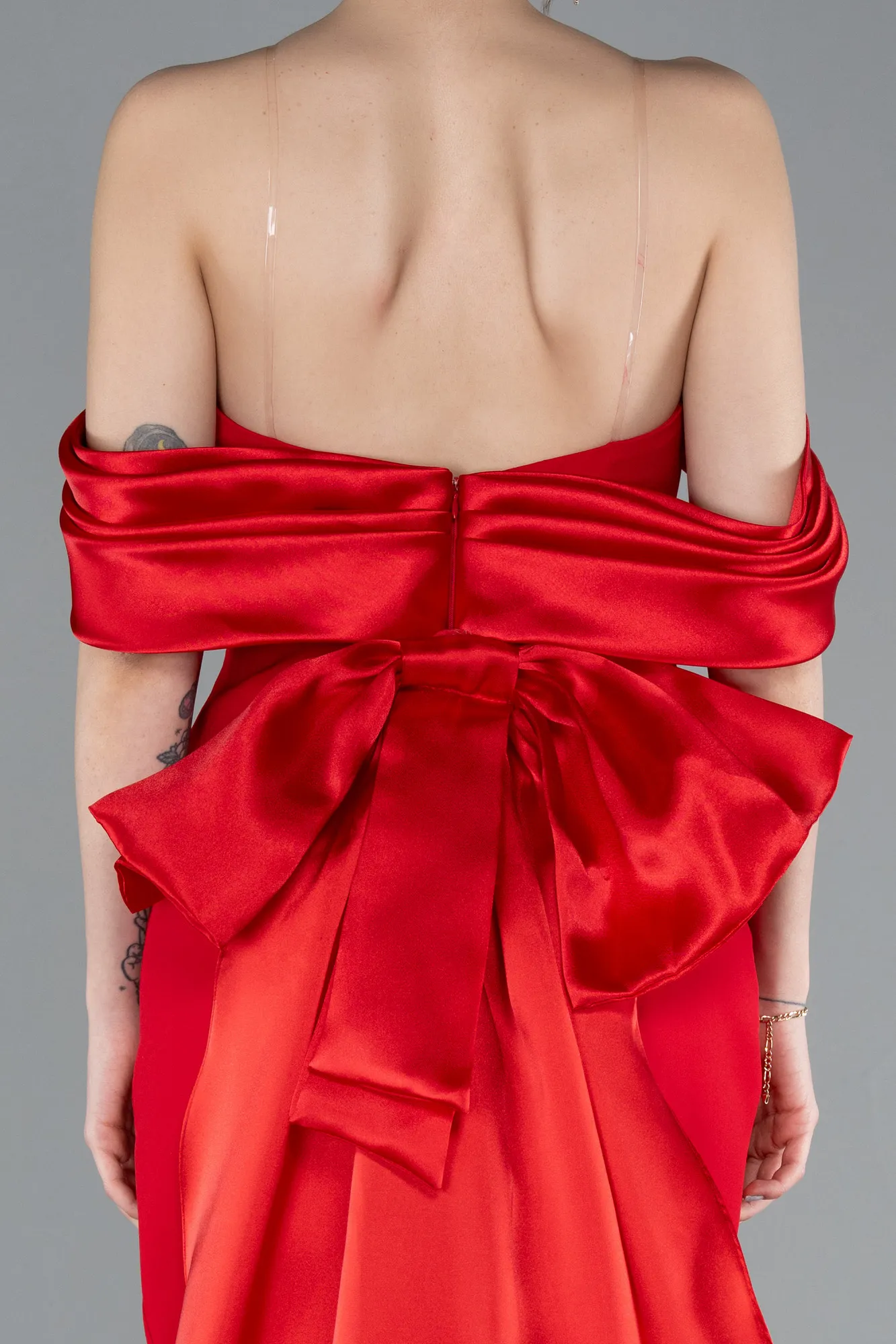 Red-Satin Boat Neck Tail Long Mermaid Evening Dress ABU4797