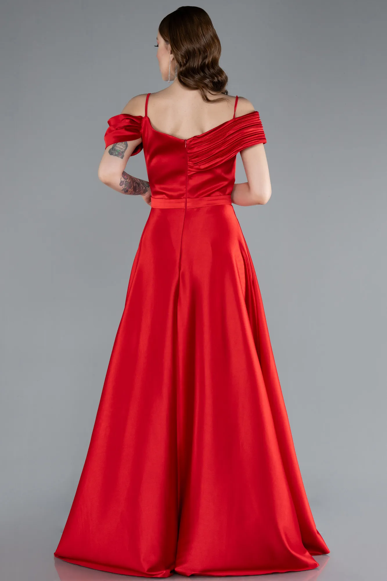 Red-Satin Off Shoulder Long Satin Evening Gown ABU4868
