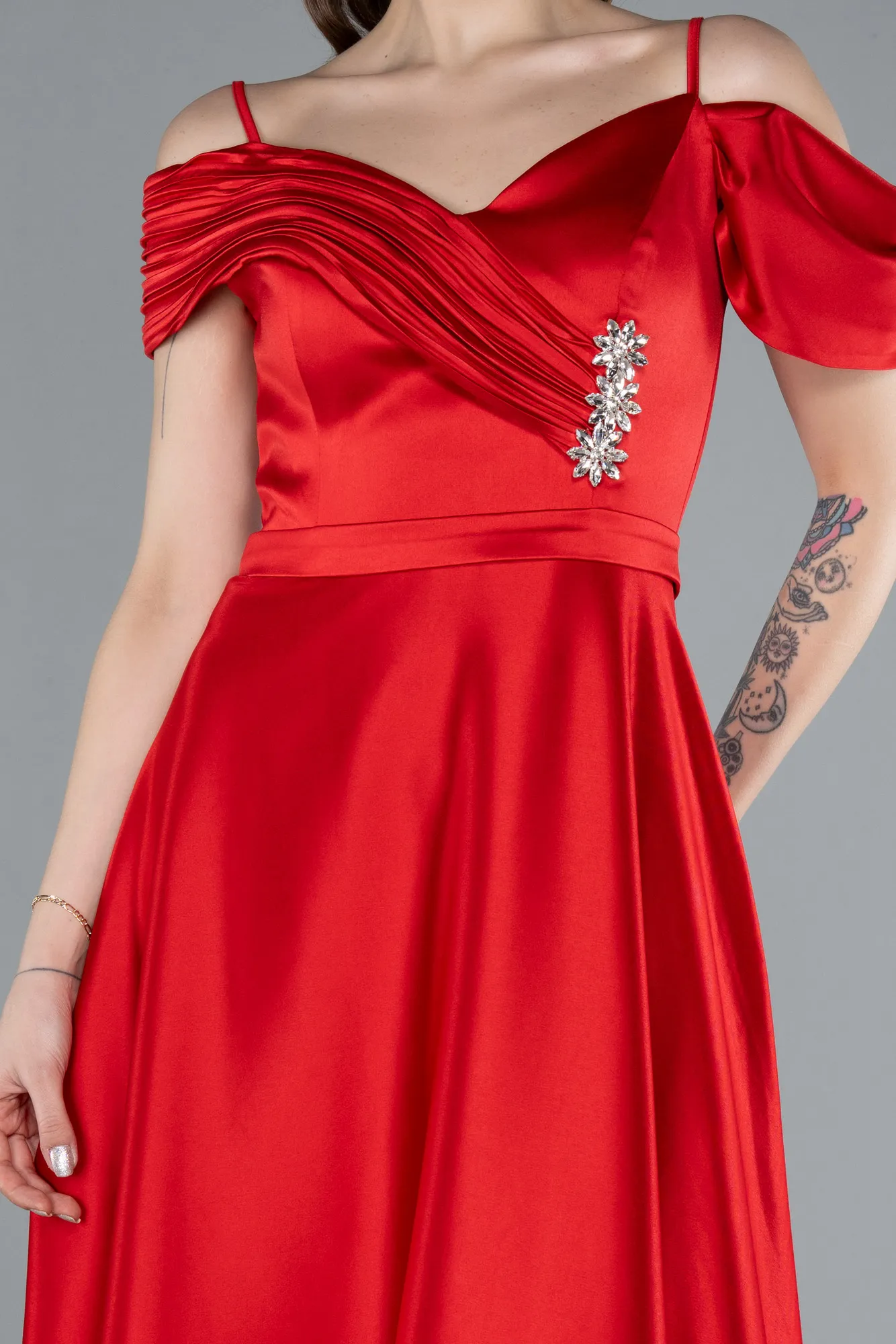 Red-Satin Off Shoulder Long Satin Evening Gown ABU4868