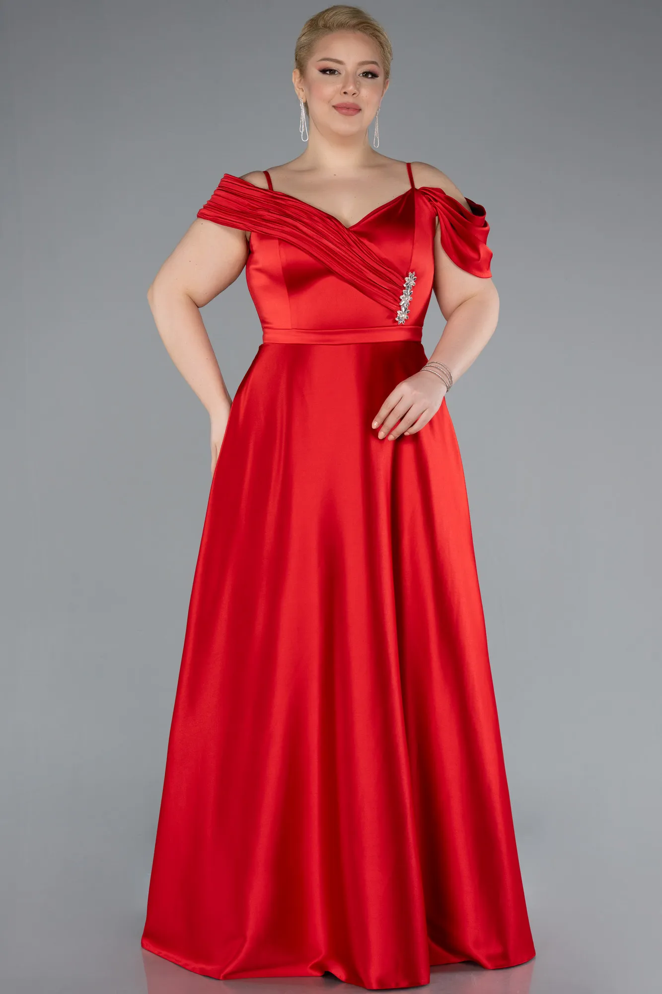 Red-Satin Off Shoulder Long Satin Plus Size Evening Gown ABU4869