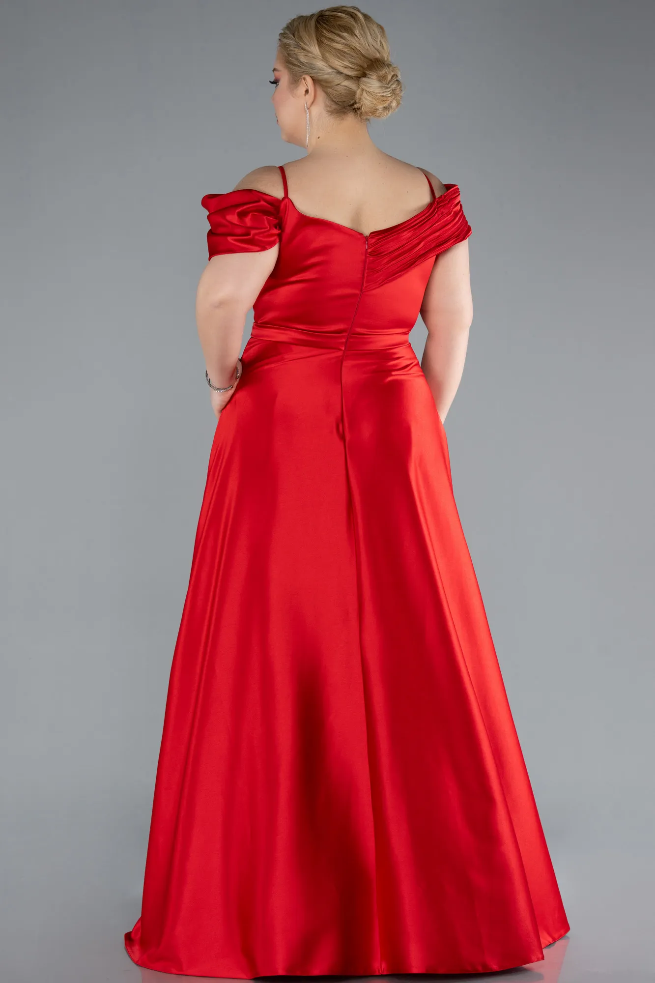 Red-Satin Off Shoulder Long Satin Plus Size Evening Gown ABU4869