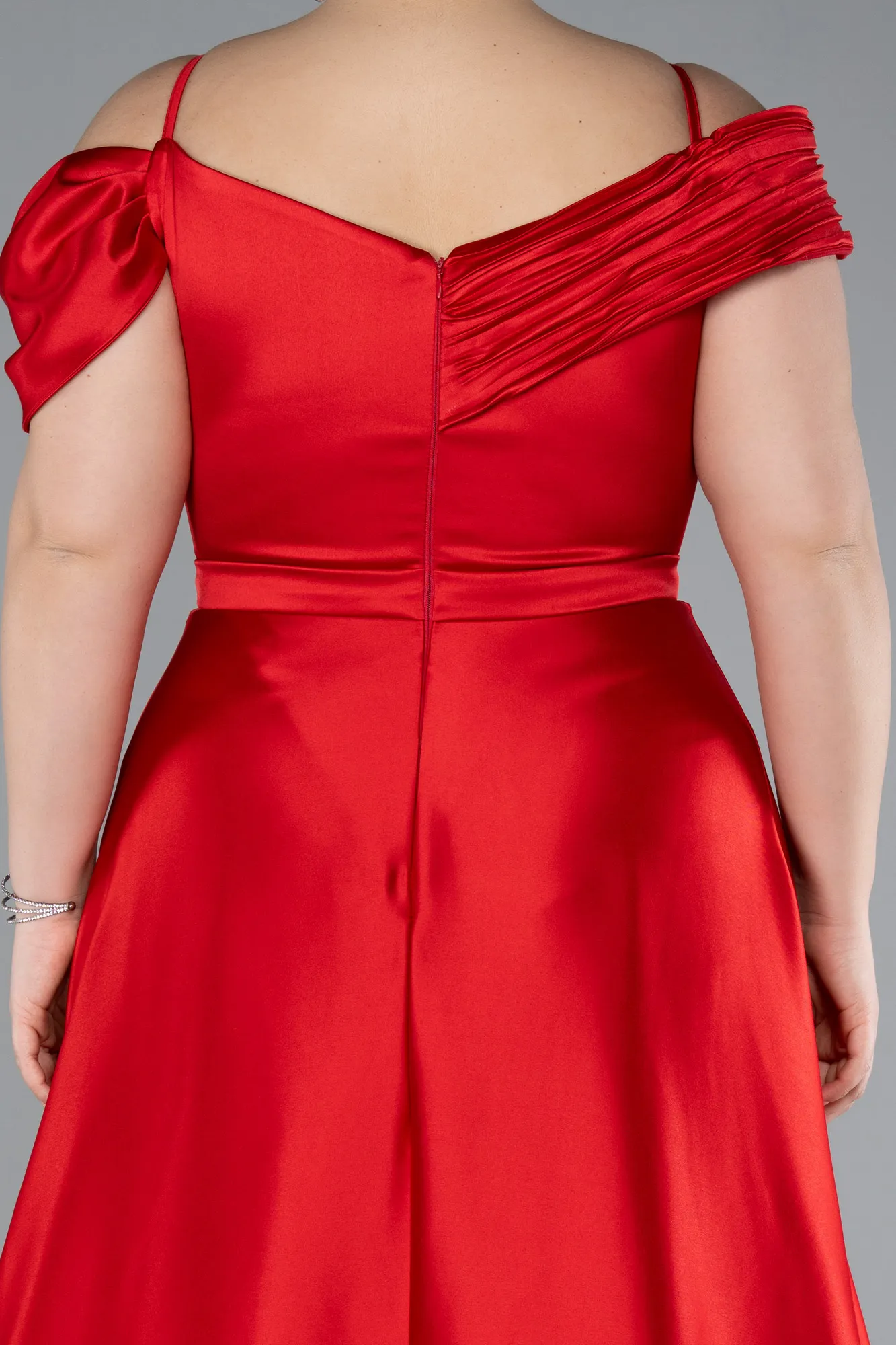 Red-Satin Off Shoulder Long Satin Plus Size Evening Gown ABU4869