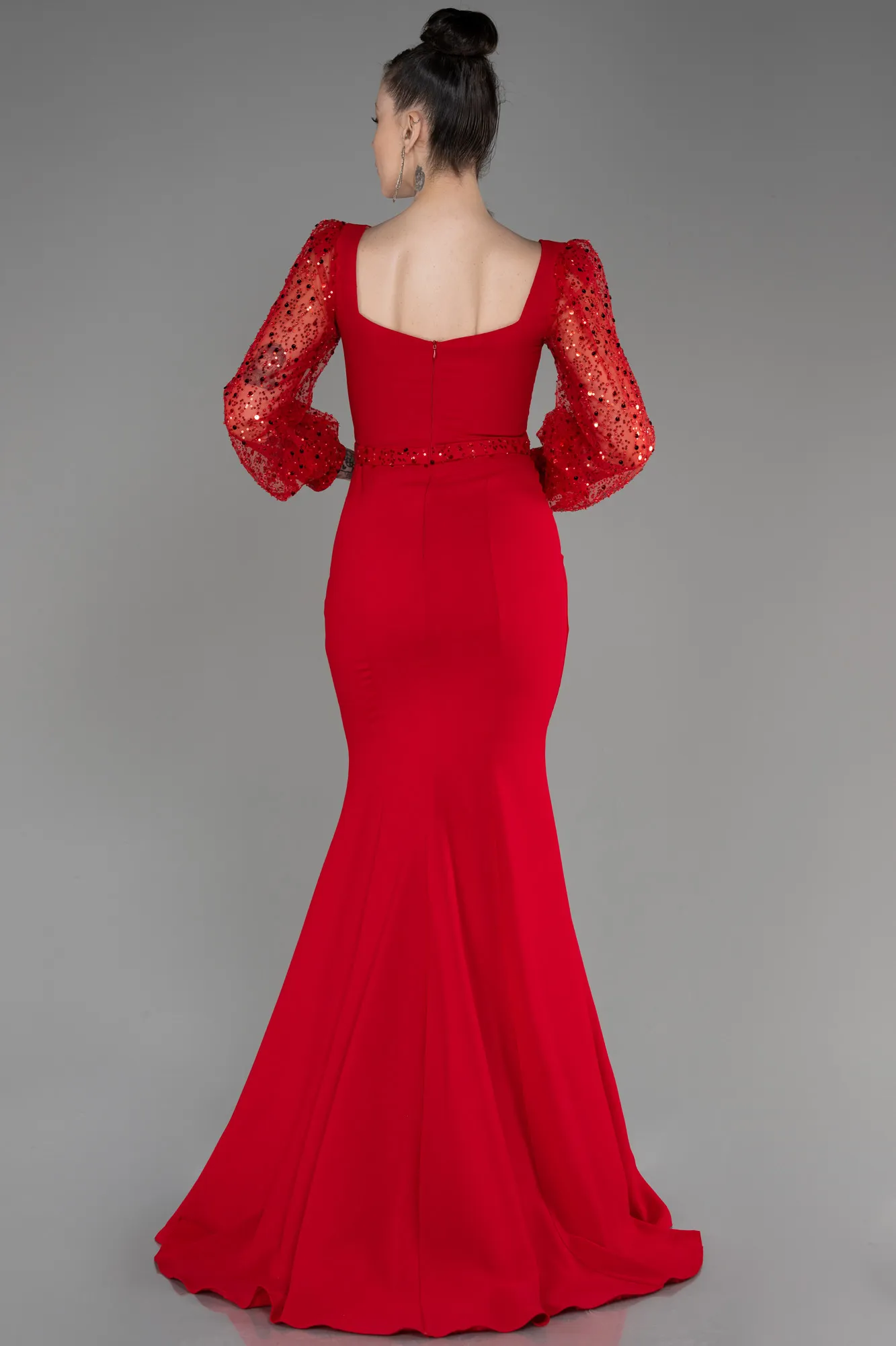 Red-Scaly Long Sleeve Slit Evening Dress ABU3852