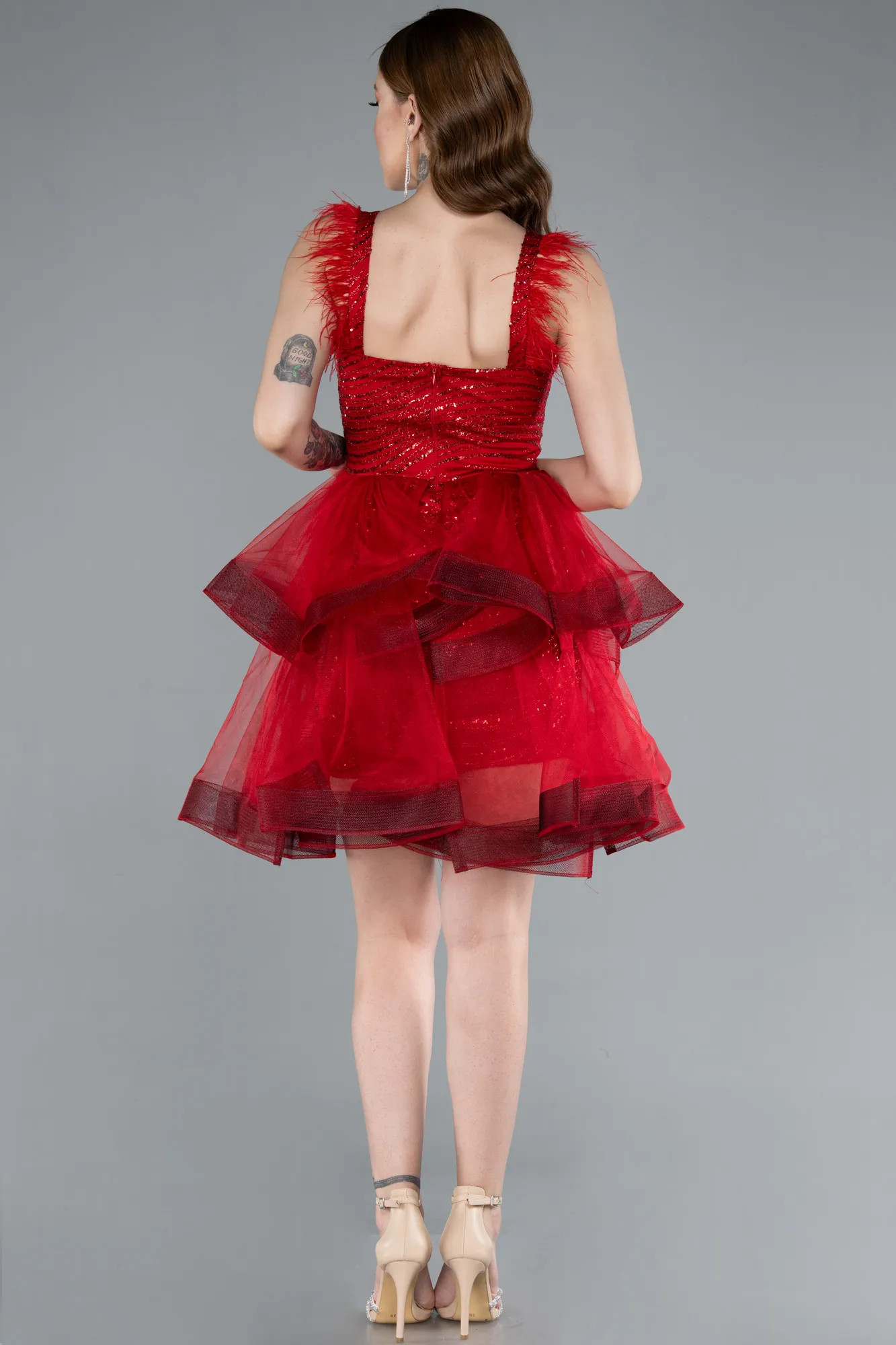 Red-Sequin Feather Straps Layered Tulle Mini Dress ABK2325