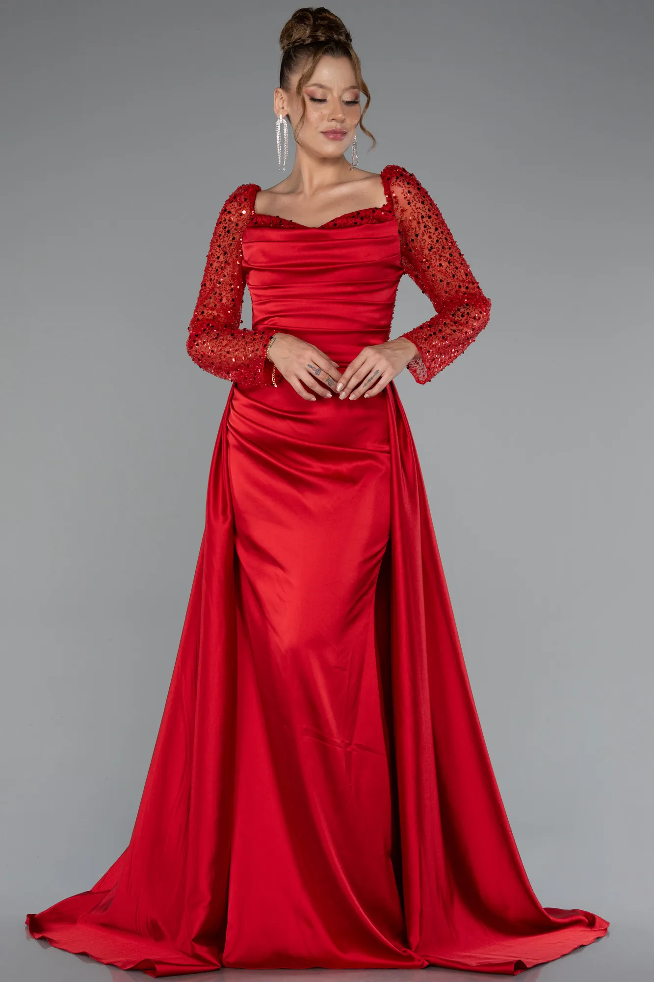 Red-Sequin Long Sleeves Tail Satin Mermaid Evening Gown ABU4332