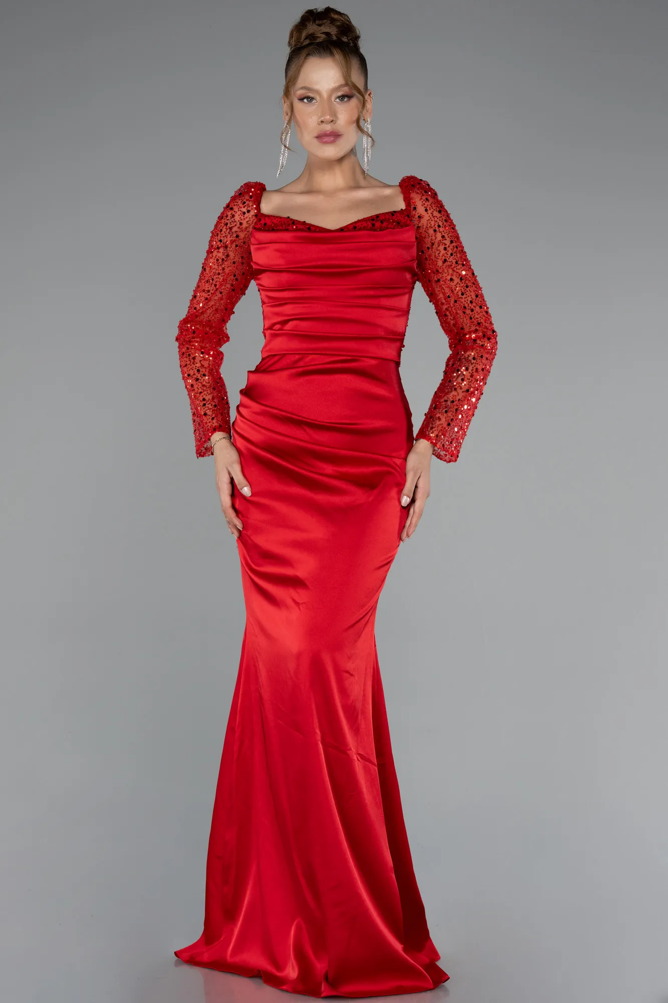 Red-Sequin Long Sleeves Tail Satin Mermaid Evening Gown ABU4332