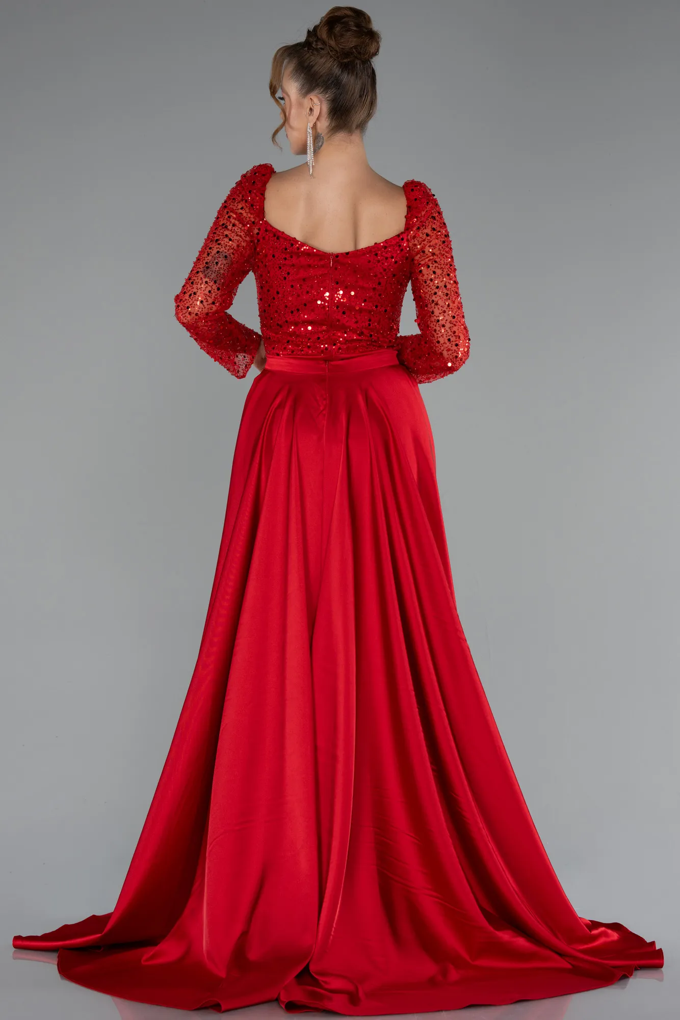 Red-Sequin Long Sleeves Tail Satin Mermaid Evening Gown ABU4332