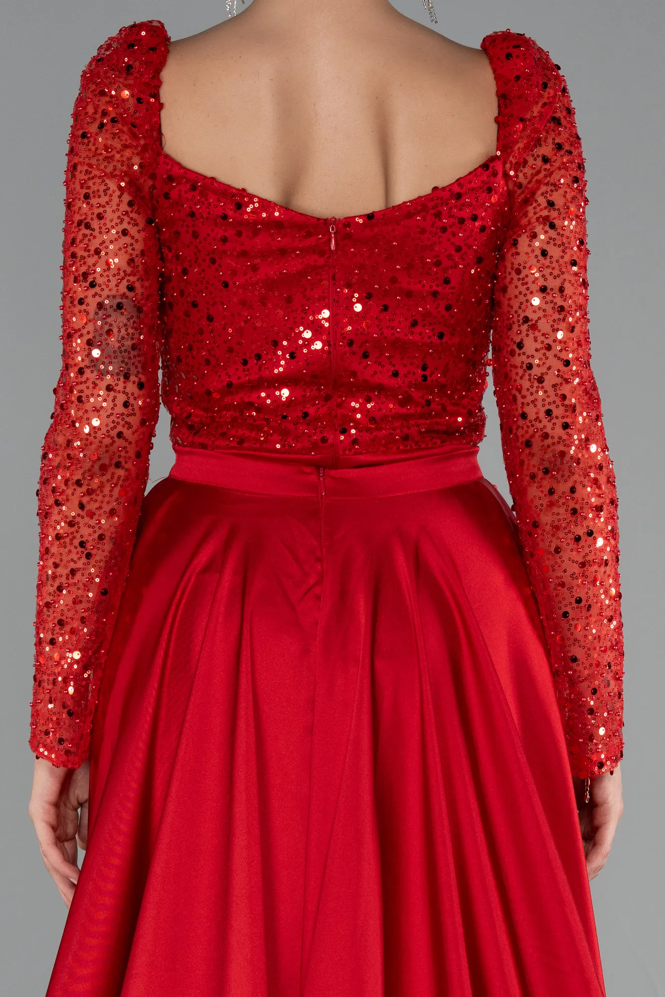 Red-Sequin Long Sleeves Tail Satin Mermaid Evening Gown ABU4332