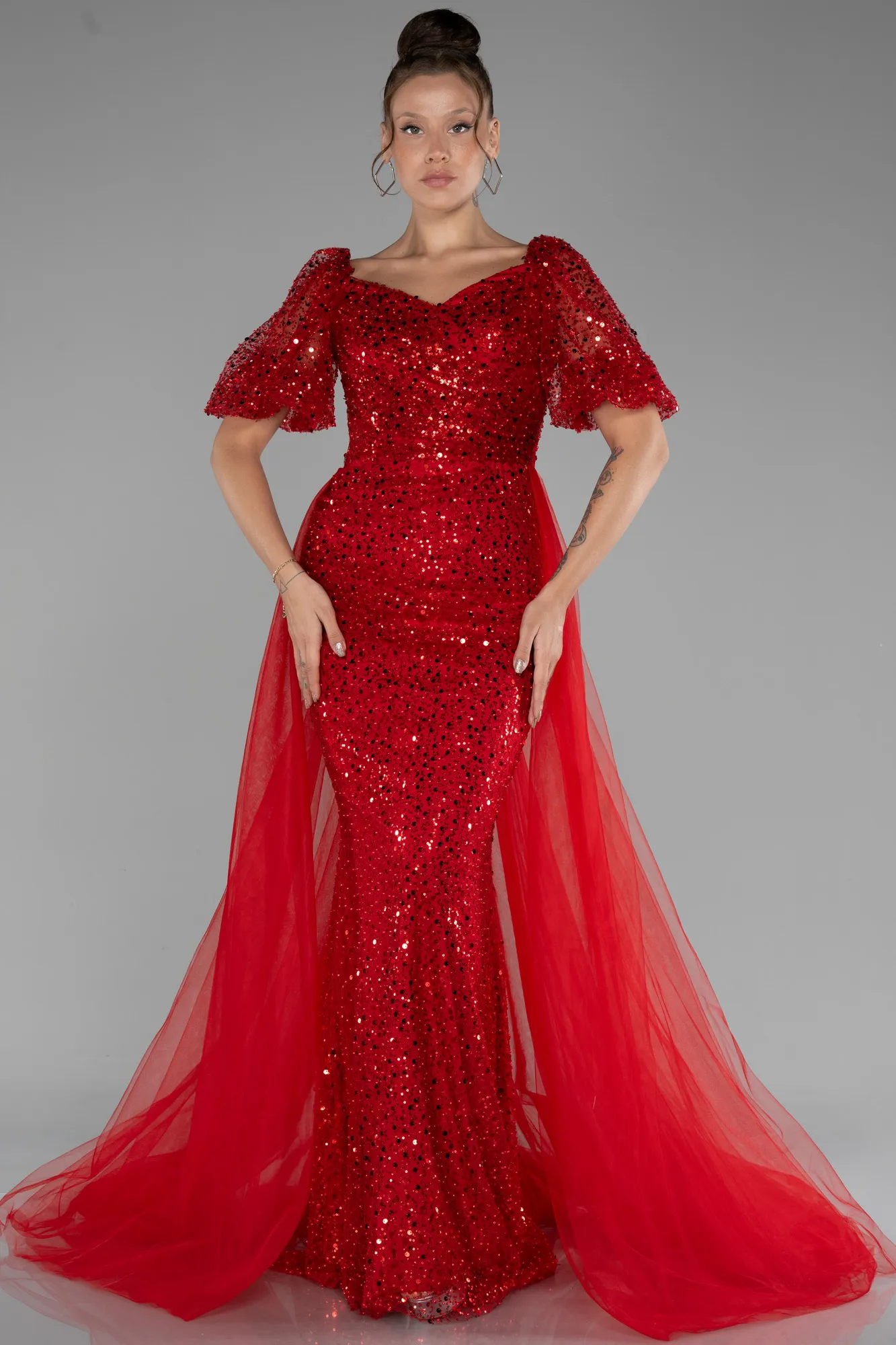Red-Short Sleeves Tail Long Scaly Evening Gown ABU4280