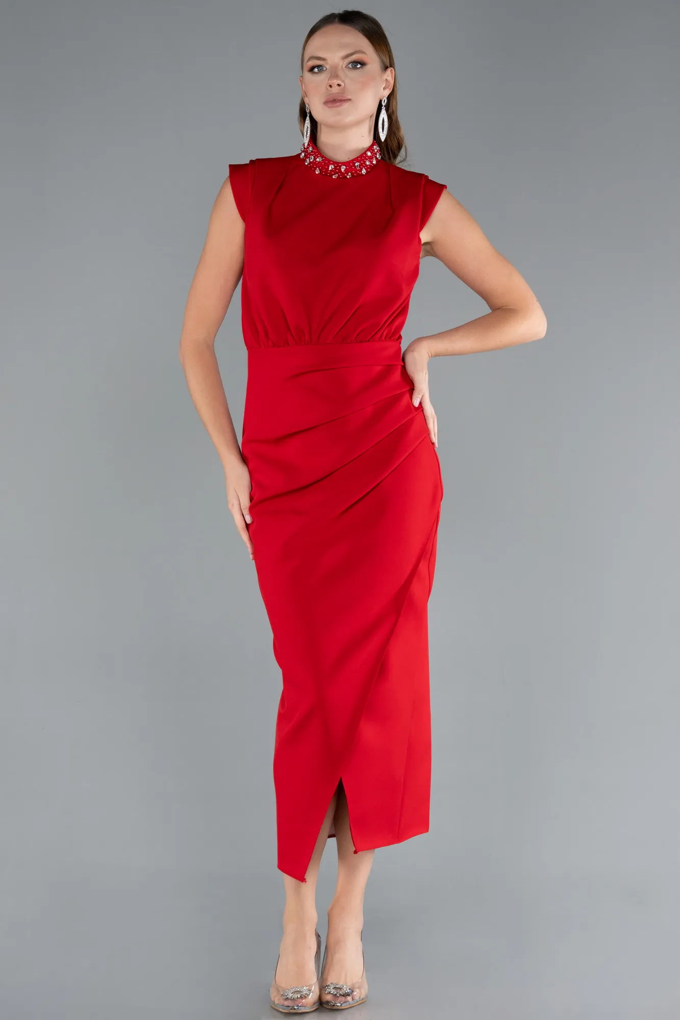 Red-Sleeveless Midi Cocktail Dress ABK2309