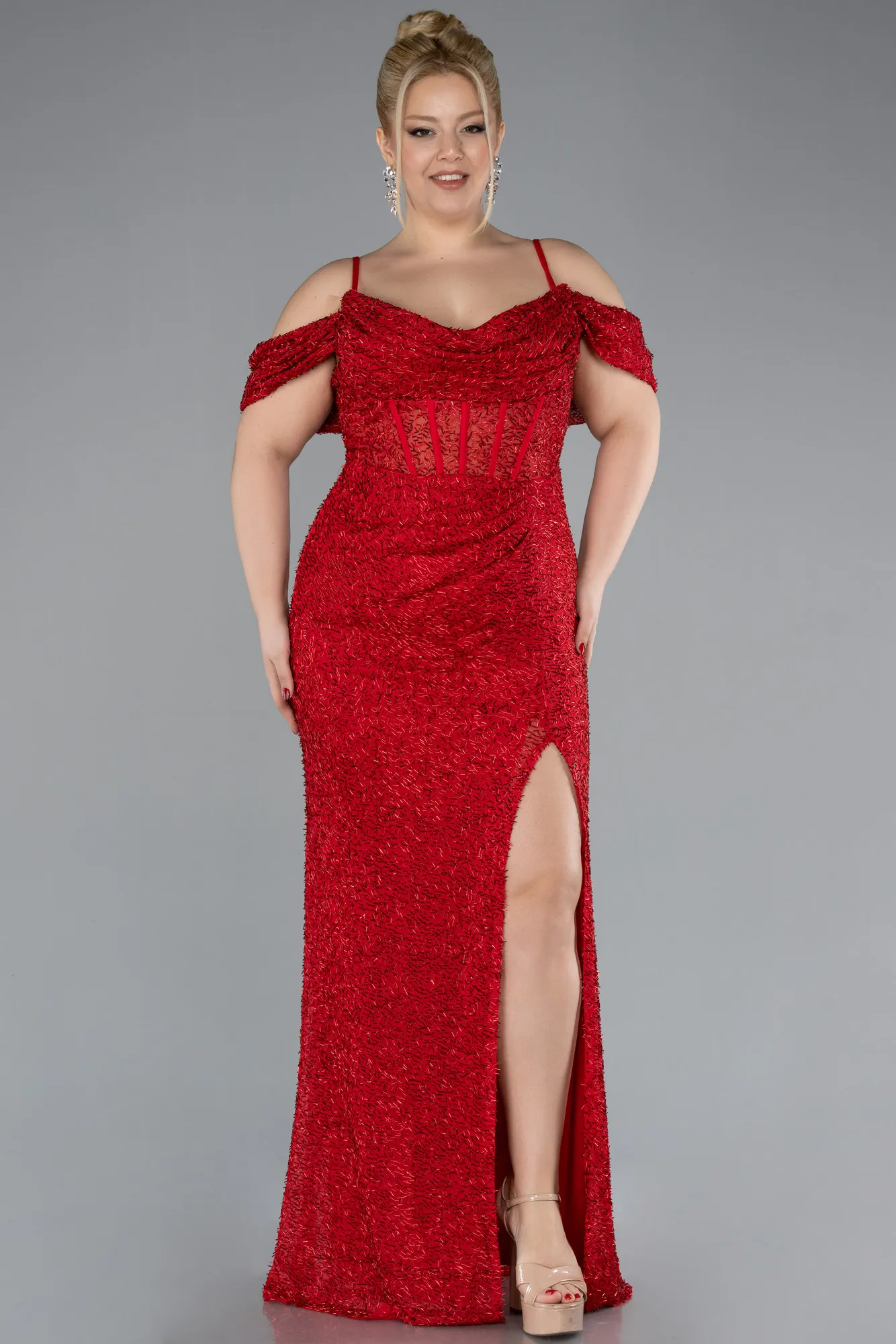 Red-Slit Long Stone Plus Size Prom Dress ABU4395