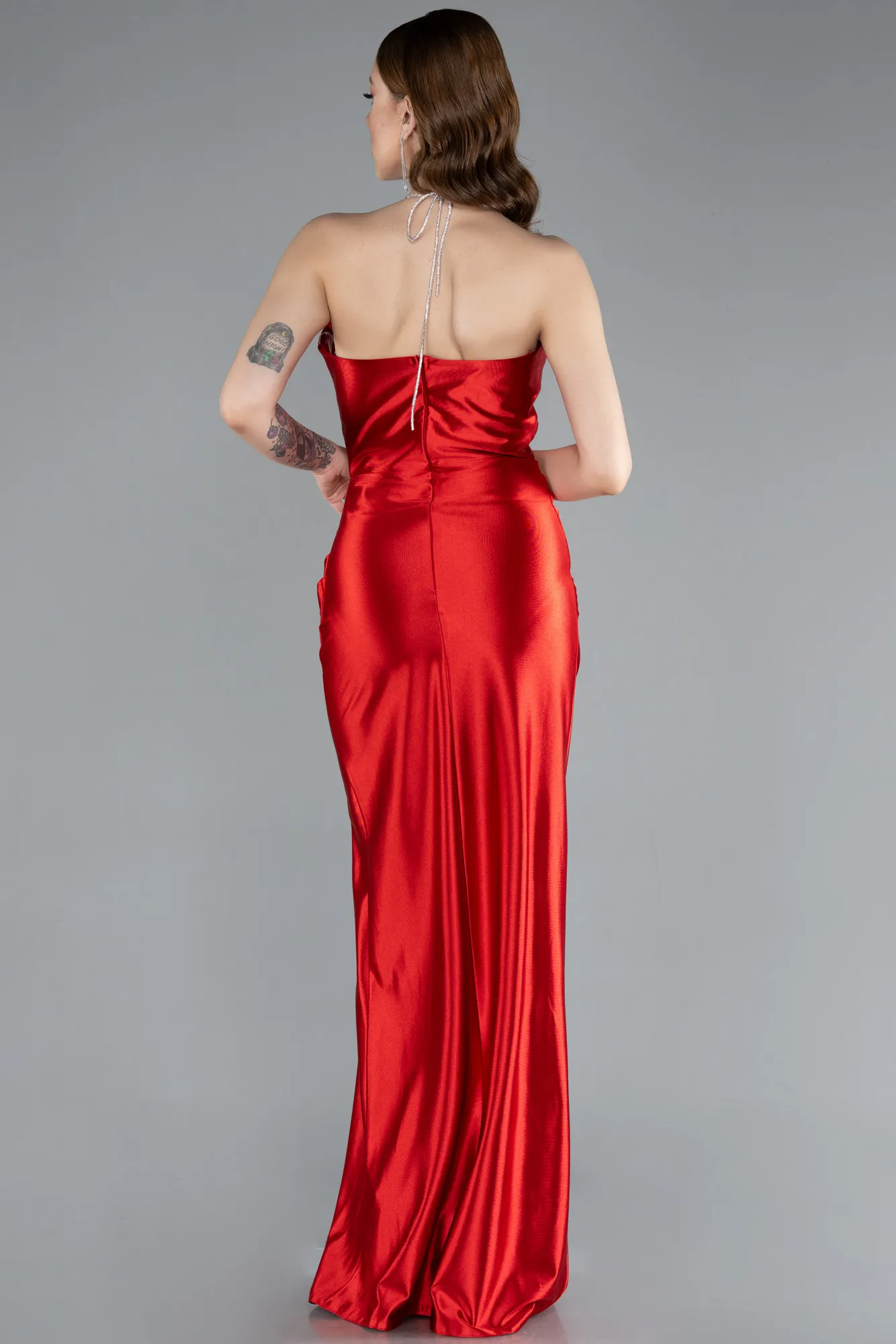 Red-Slit Satin Long Prom Dress ABU4884