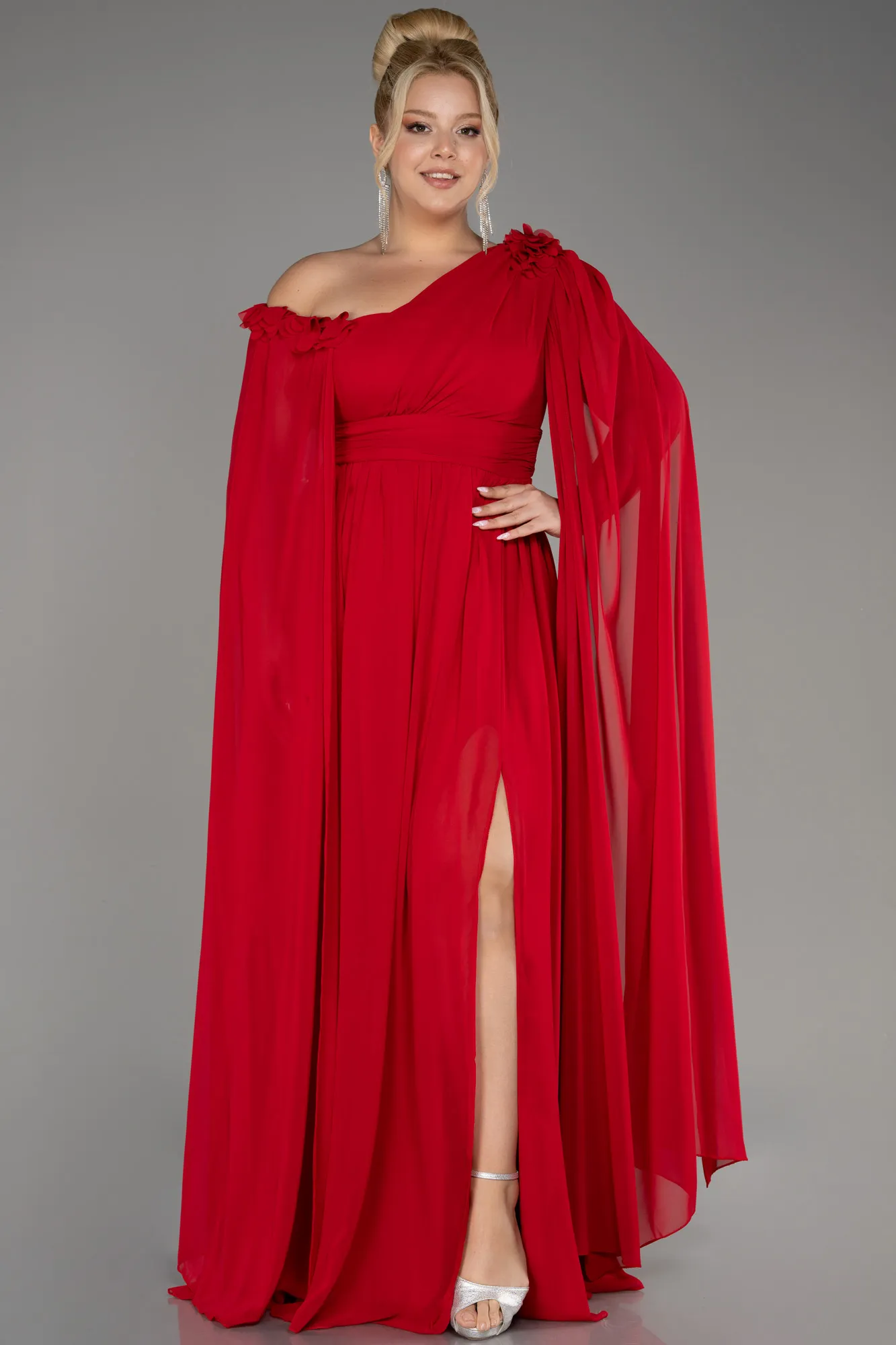 Red-Slit Shawl Long Chiffon Plus Size Evening Dress ABU4002