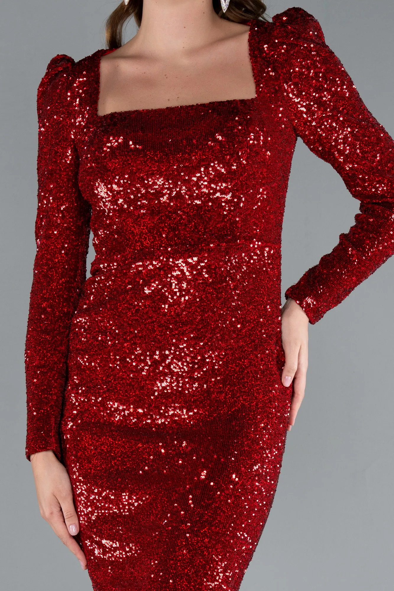 Red-Square Neck Long Sleeve Midi Sequin Cocktail Dress ABK2312