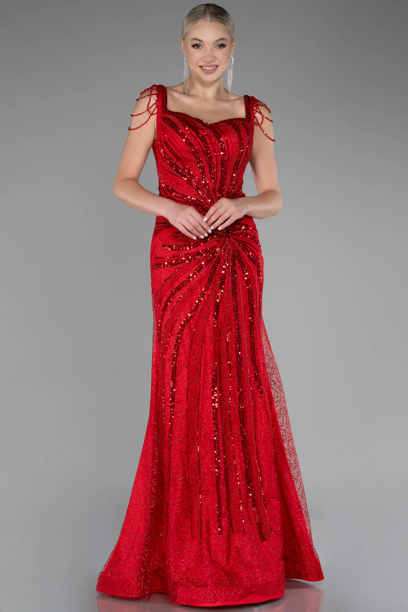 Red-Stone Embroidered Long Special Design Evening Dress ABU4061