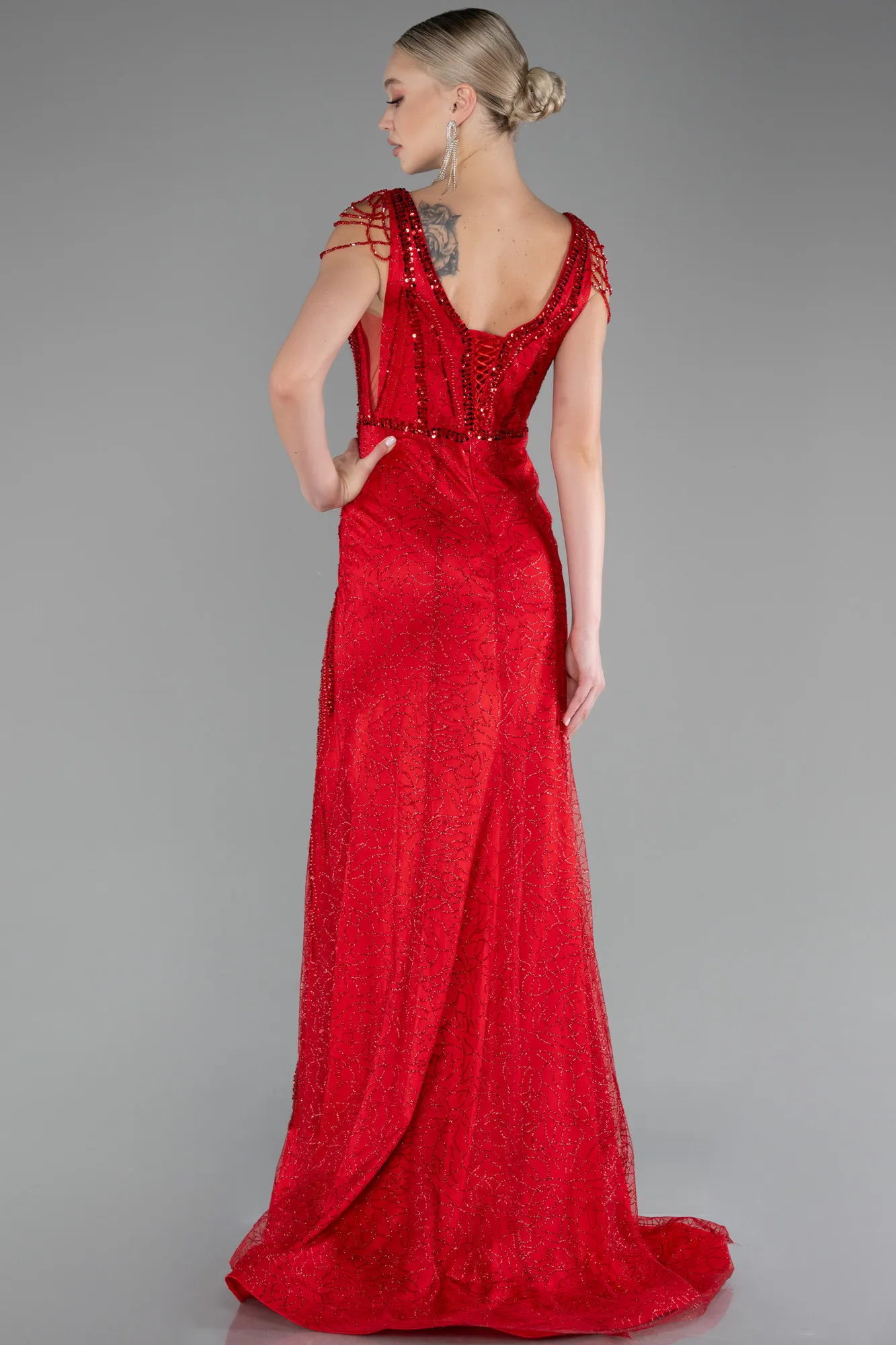 Red-Stone Embroidered Long Special Design Evening Dress ABU4061