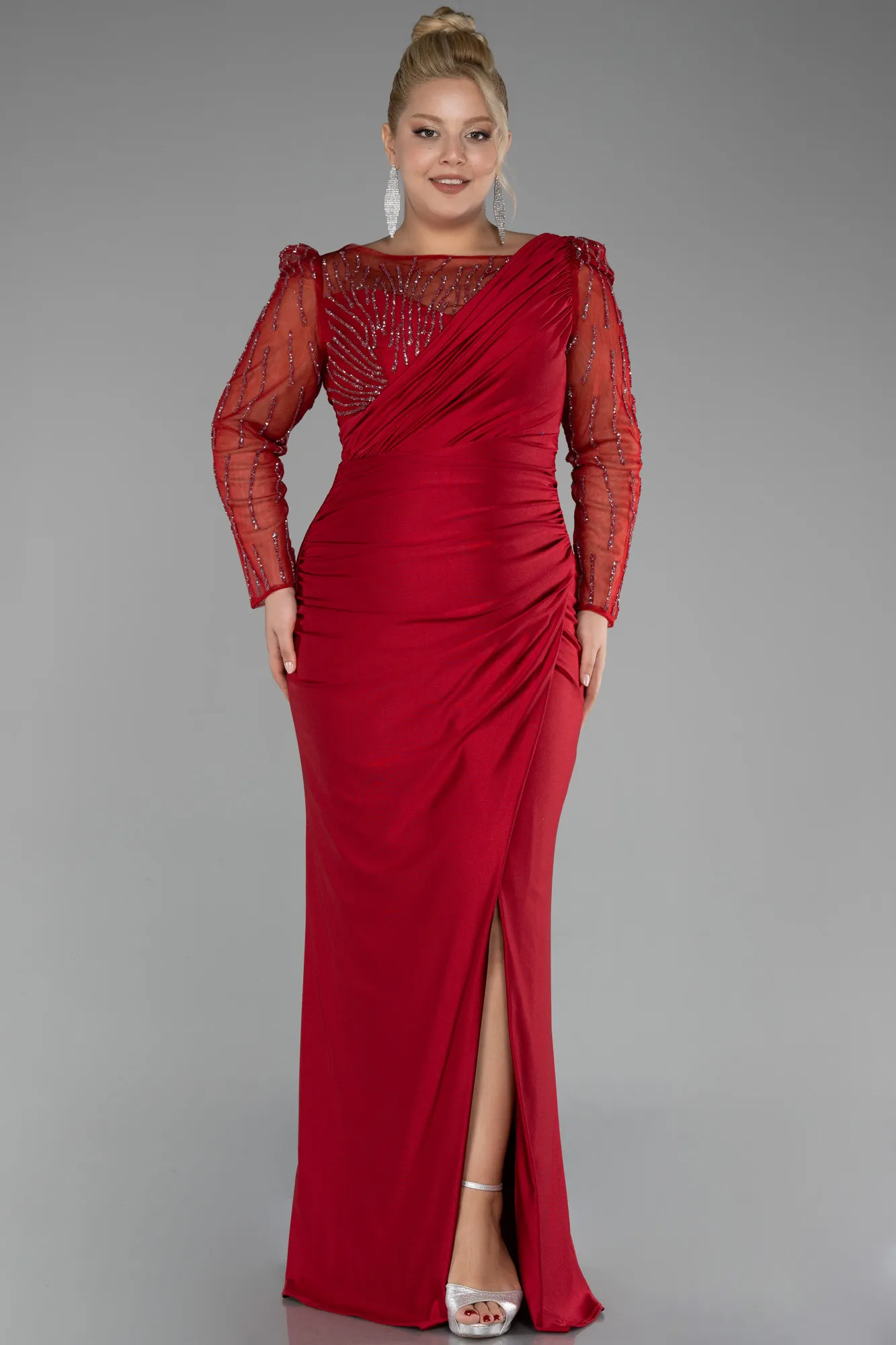 Red-Stoned Long Sleeve Slit Plus Size Evening Gown ABU4119