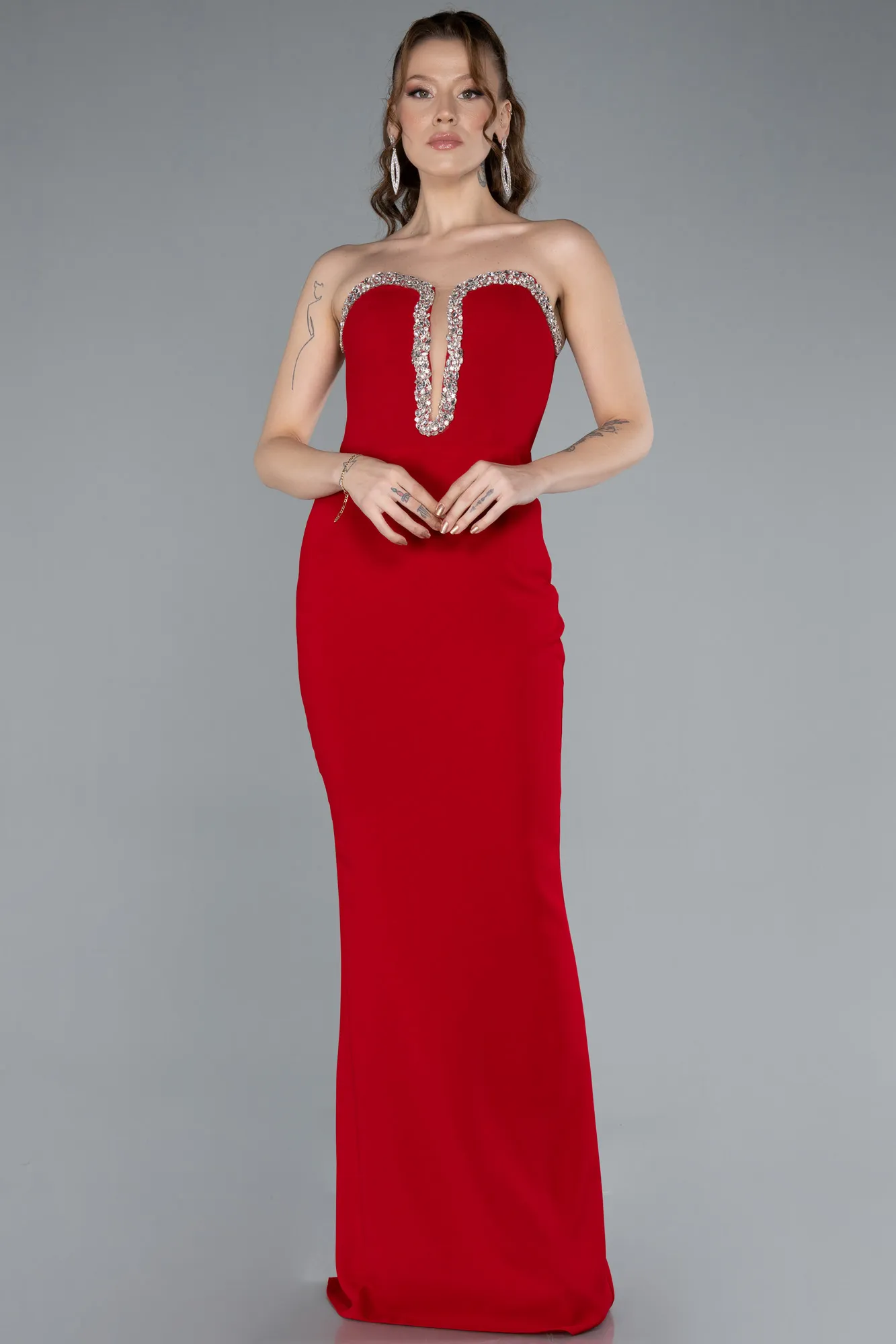 Red-Stoned Strapless Neck Long Mermaid Evening Gown ABU4687