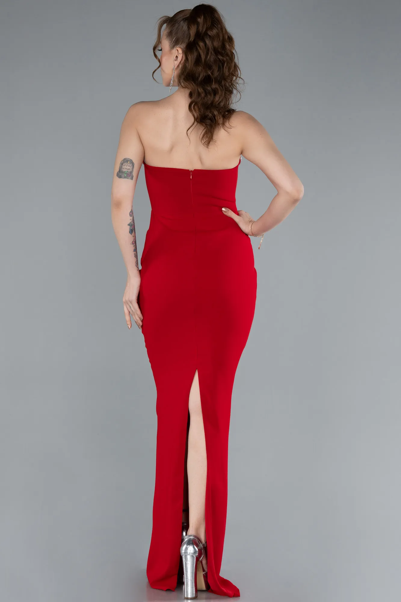 Red-Stoned Strapless Neck Long Mermaid Evening Gown ABU4687