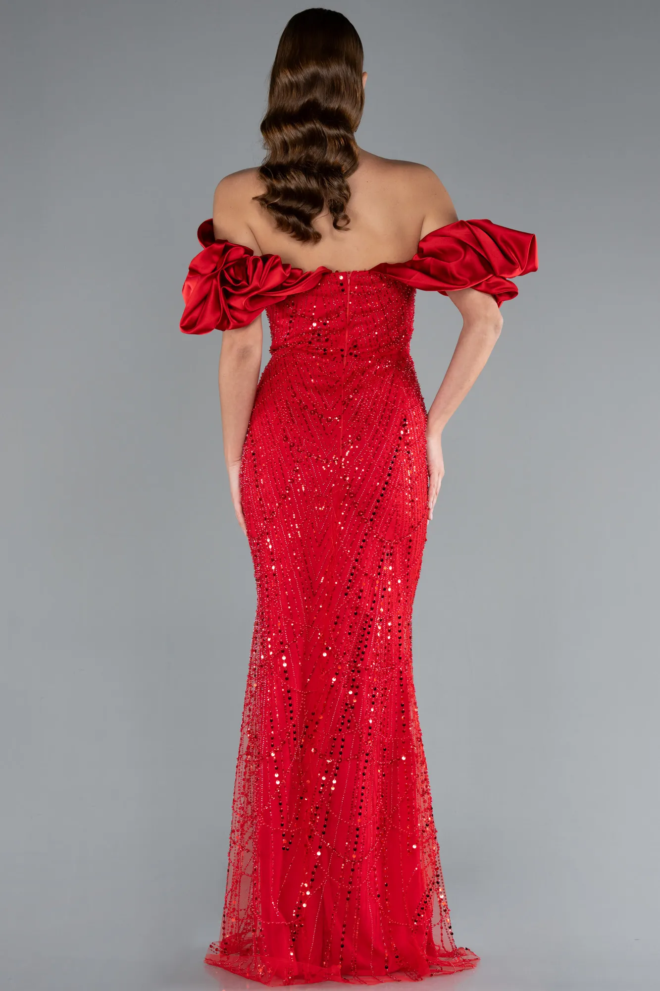 Red-Stoned Strapless Sleeve Accessories Long Mermaid Evening Gown ABU4509