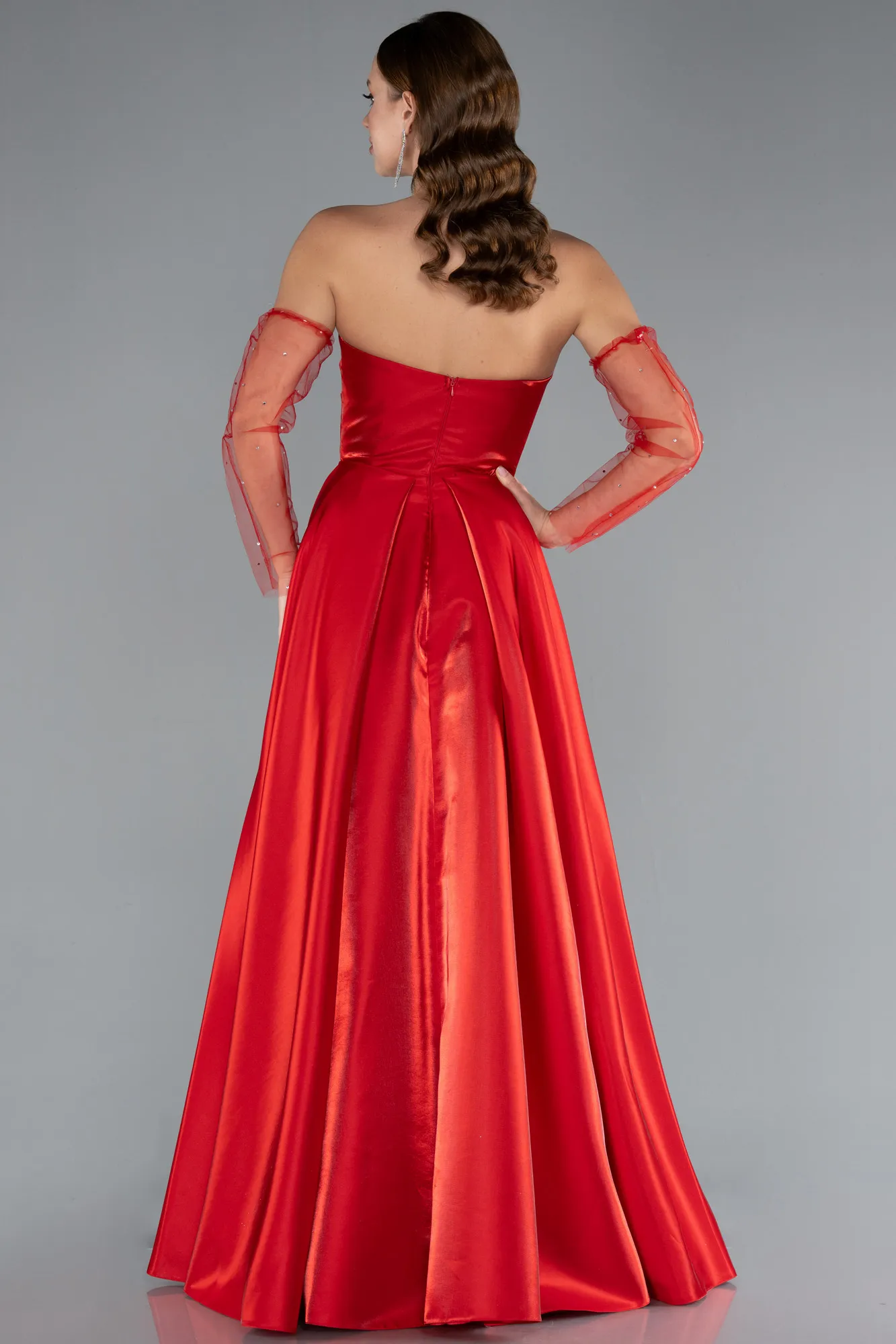 Red-Stoned Strapless Sleeve Accessory Long Taffeta Evening Dress ABU4846