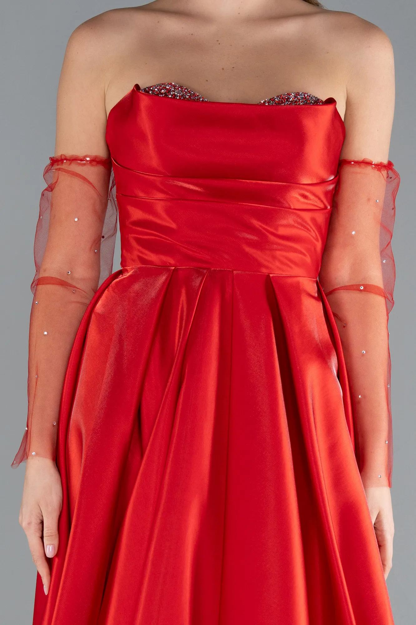 Red-Stoned Strapless Sleeve Accessory Long Taffeta Evening Dress ABU4846