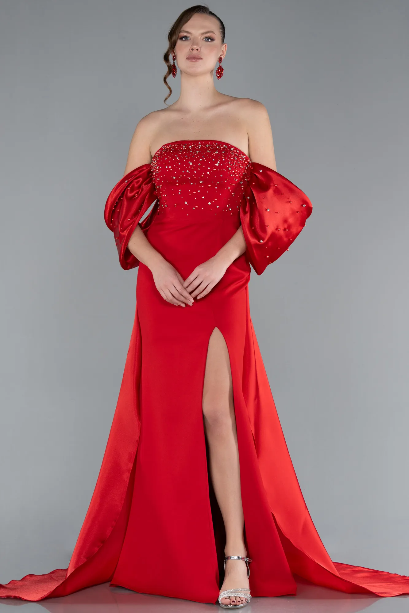 Red-Stoned Strapless Slit Tail Long Evening Gown ABU4736