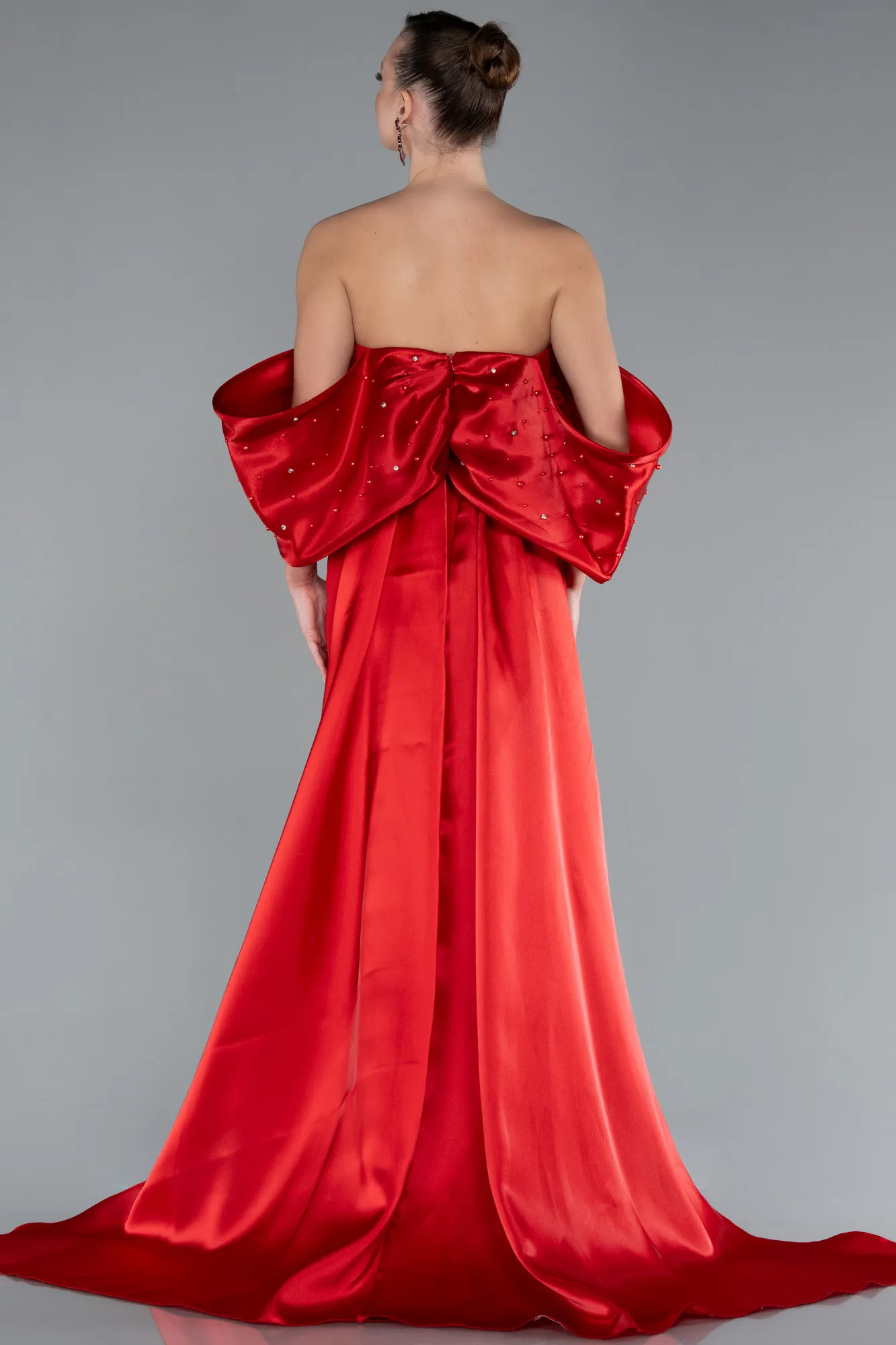 Red-Stoned Strapless Slit Tail Long Evening Gown ABU4736