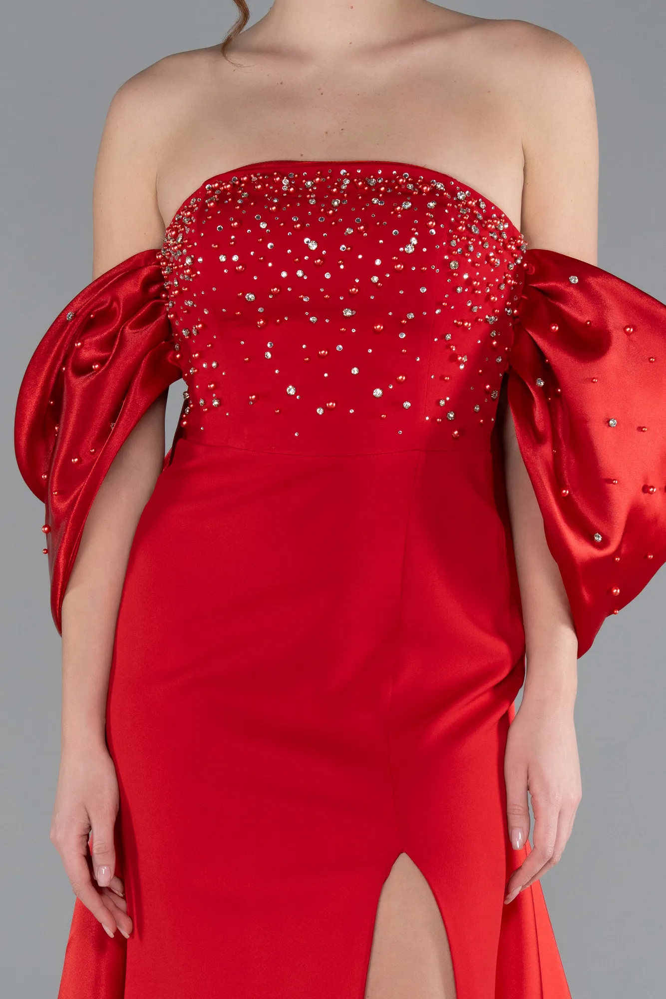 Red-Stoned Strapless Slit Tail Long Evening Gown ABU4736