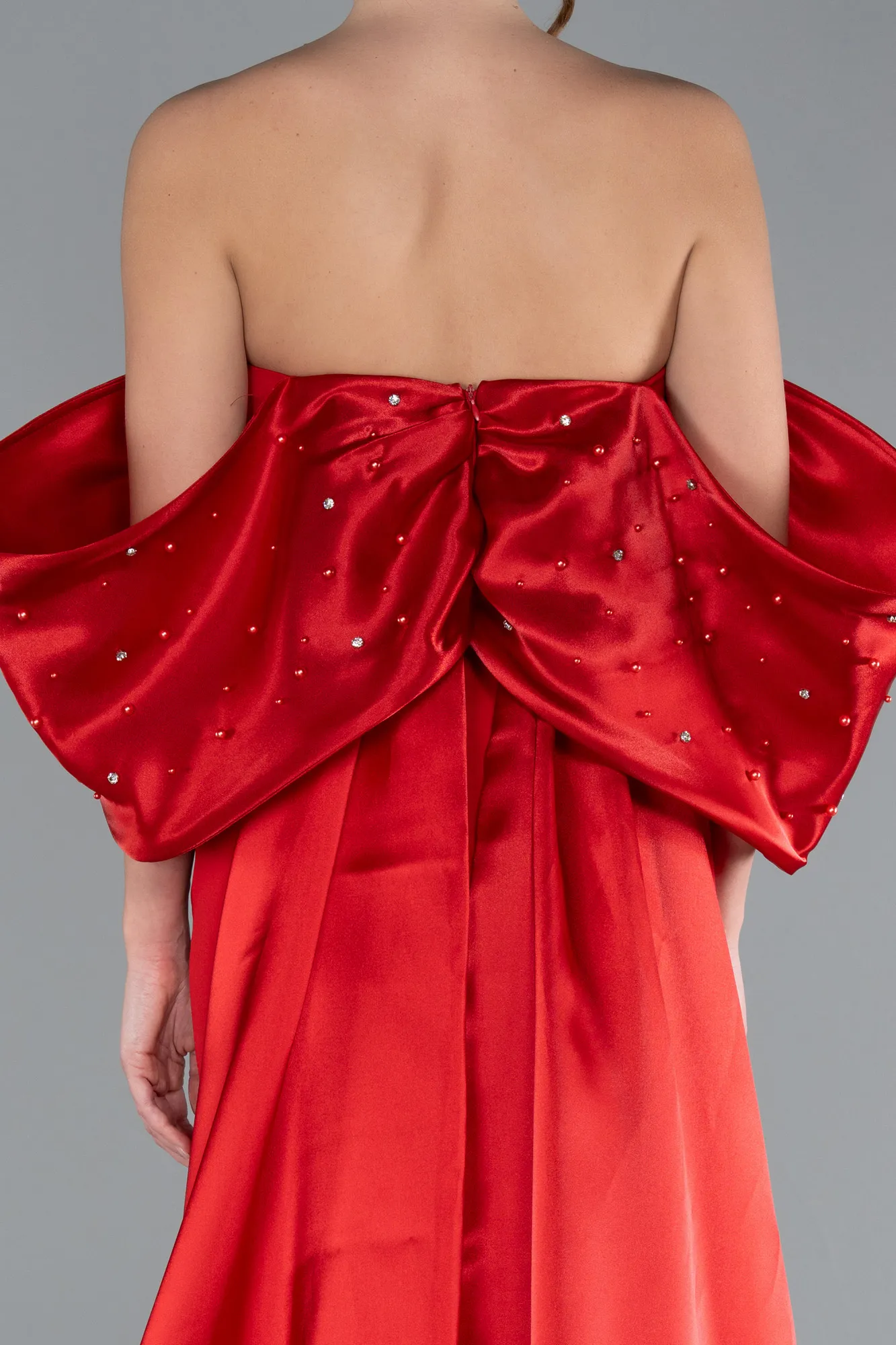 Red-Stoned Strapless Slit Tail Long Evening Gown ABU4736