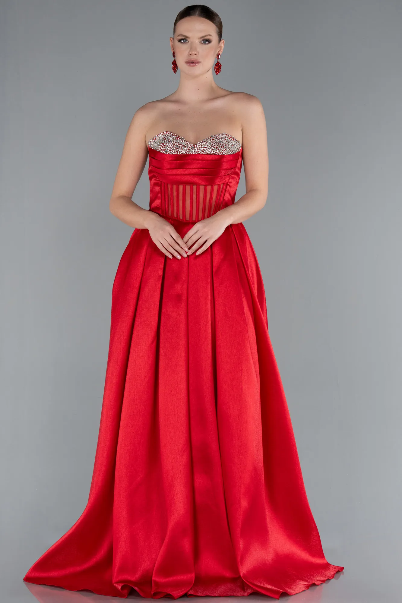 Red-Stoned Strapless Underwire Corset Long Satin Prom Dress ABU4742