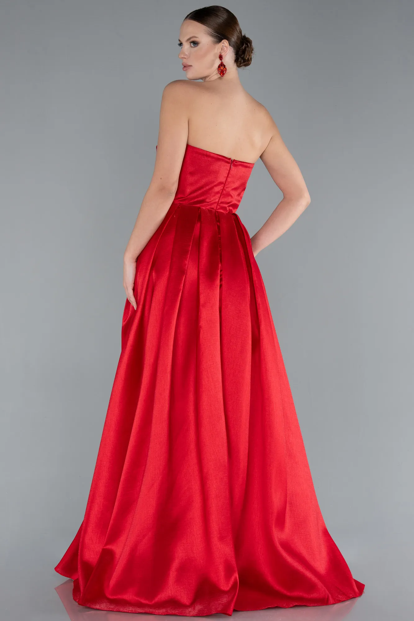 Red-Stoned Strapless Underwire Corset Long Satin Prom Dress ABU4742