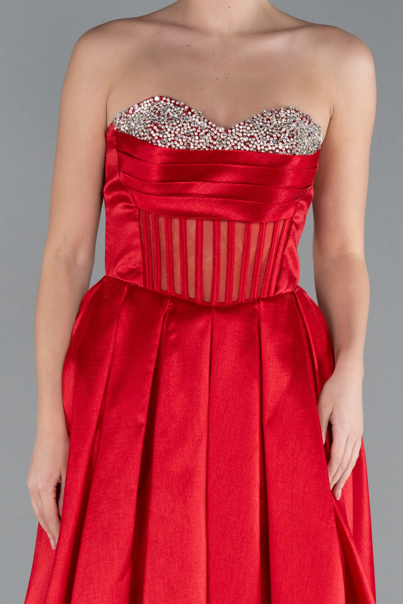 Red-Stoned Strapless Underwire Corset Long Satin Prom Dress ABU4742