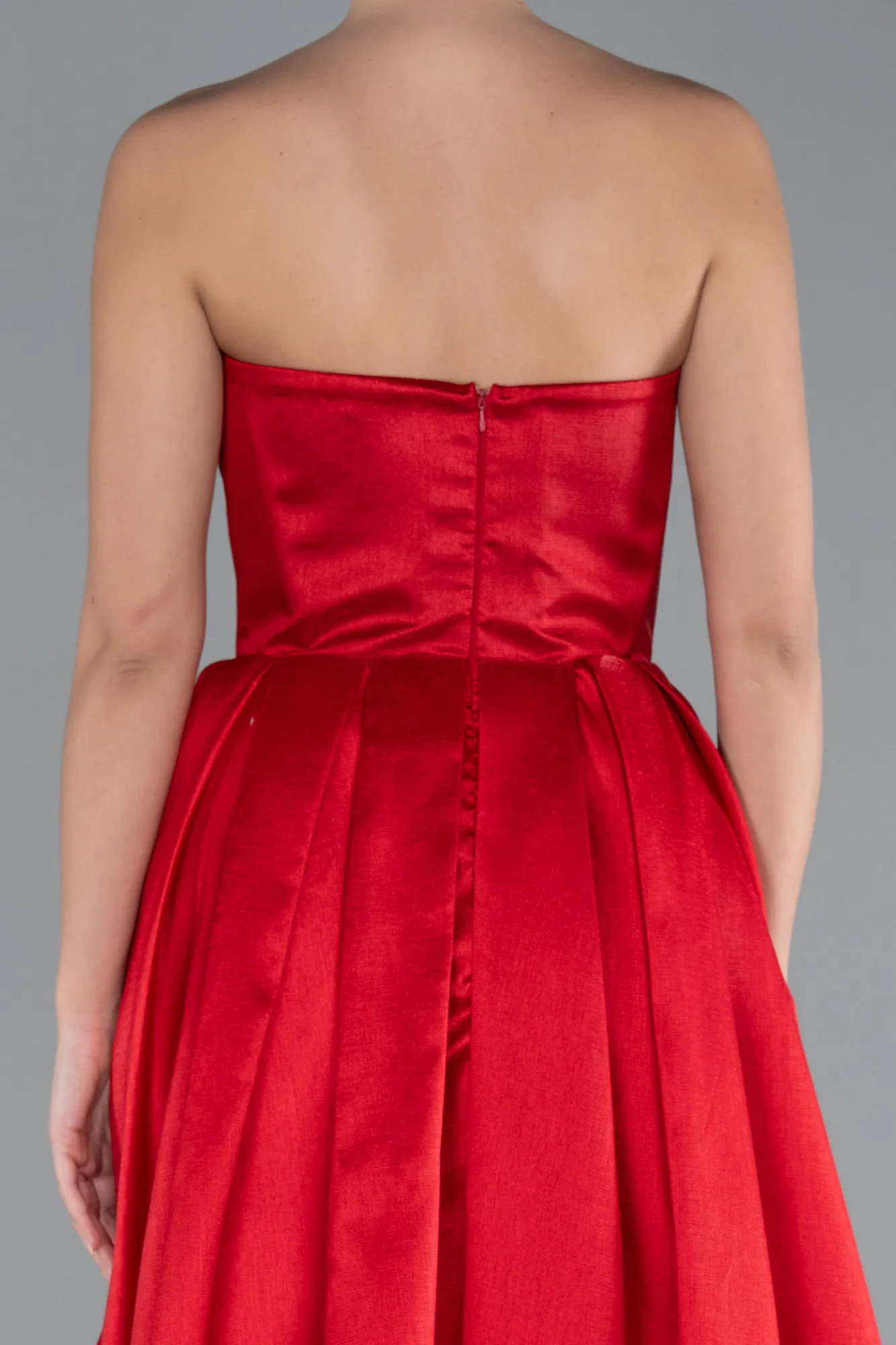 Red-Stoned Strapless Underwire Corset Long Satin Prom Dress ABU4742