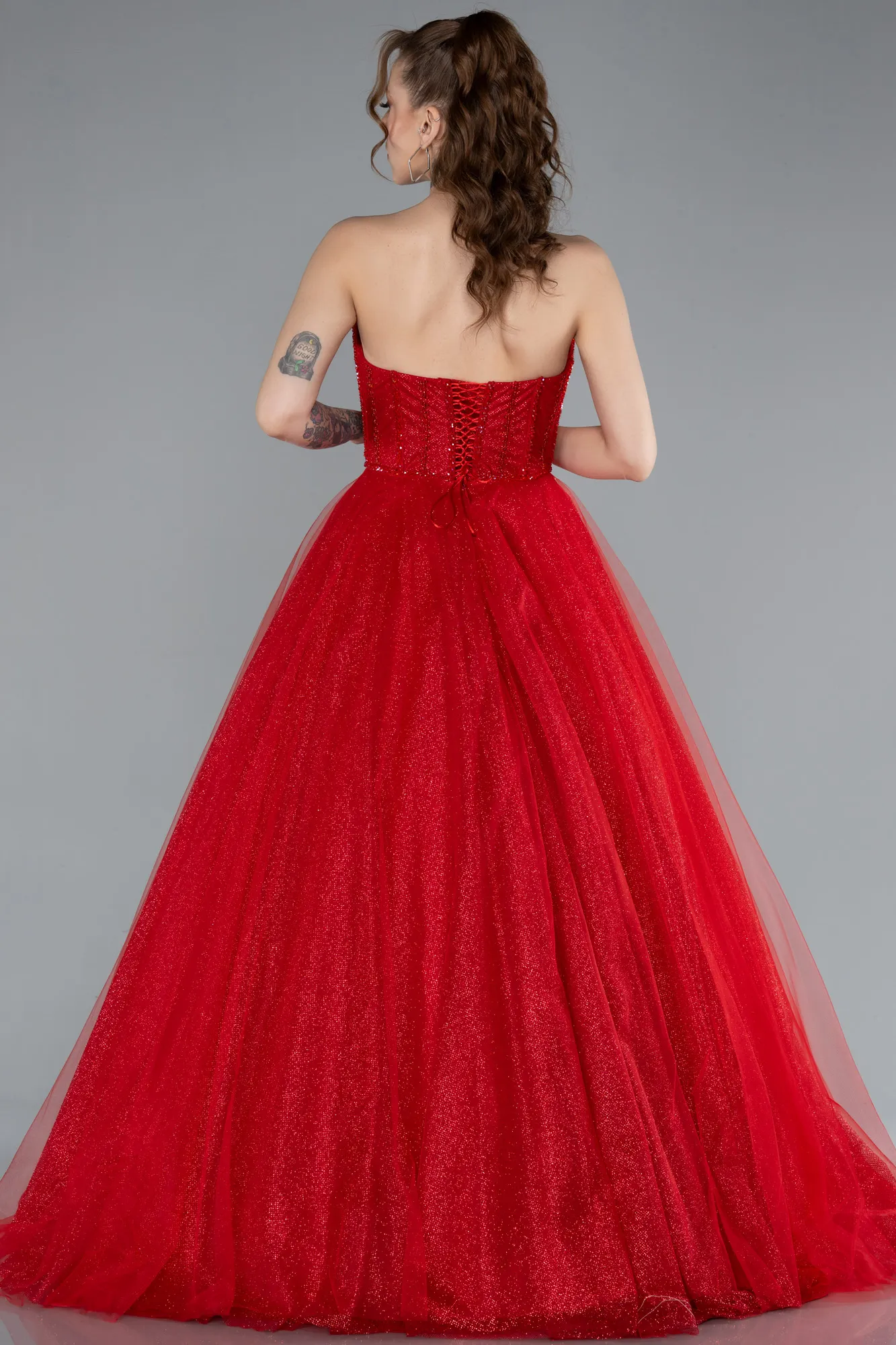 Red-Stoned Strapless Underwire Long Silvery Ball Gown ABU4689
