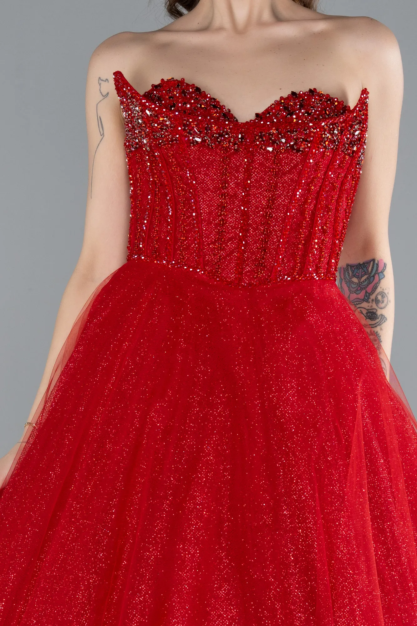 Red-Stoned Strapless Underwire Long Silvery Ball Gown ABU4689