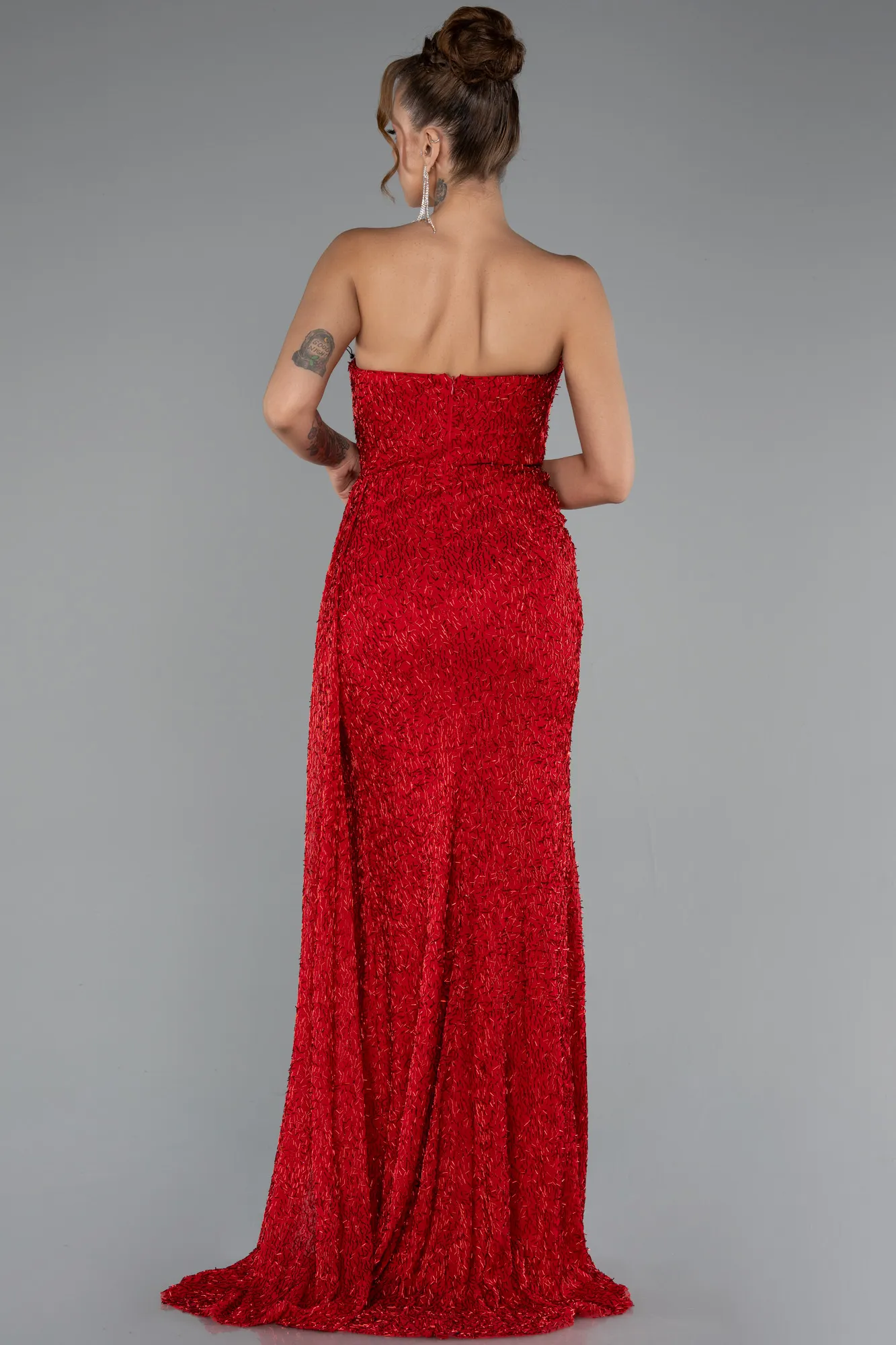 Red-Strapless Beaded Slit Long Evening Gown ABU4871