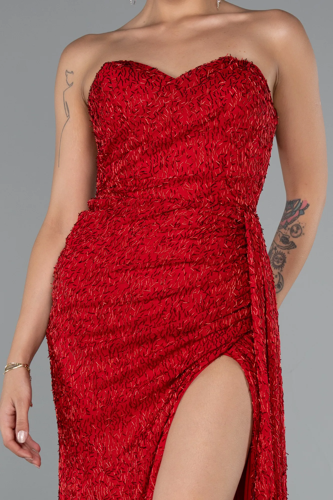 Red-Strapless Beaded Slit Long Evening Gown ABU4871