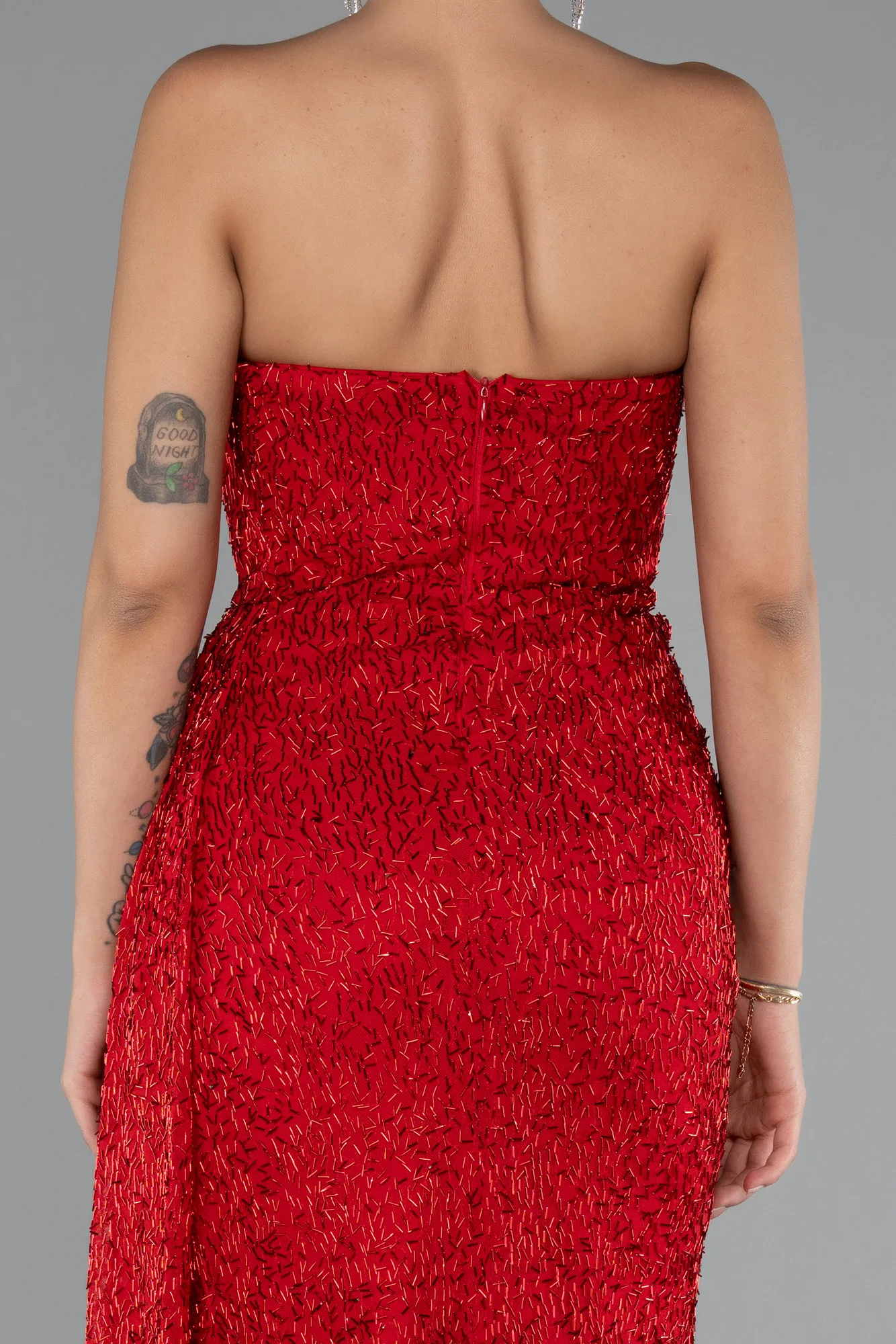 Red-Strapless Beaded Slit Long Evening Gown ABU4871