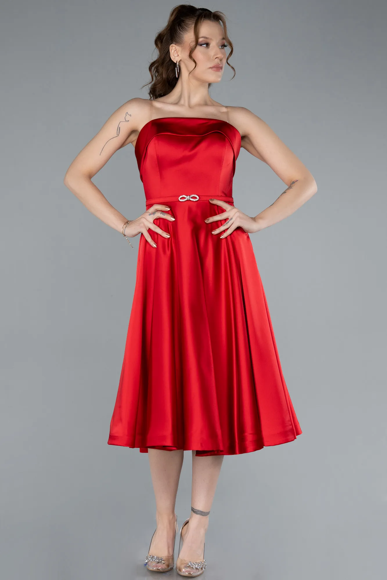 Red-Strapless Belted Midi Satin Party Dress ABK2269