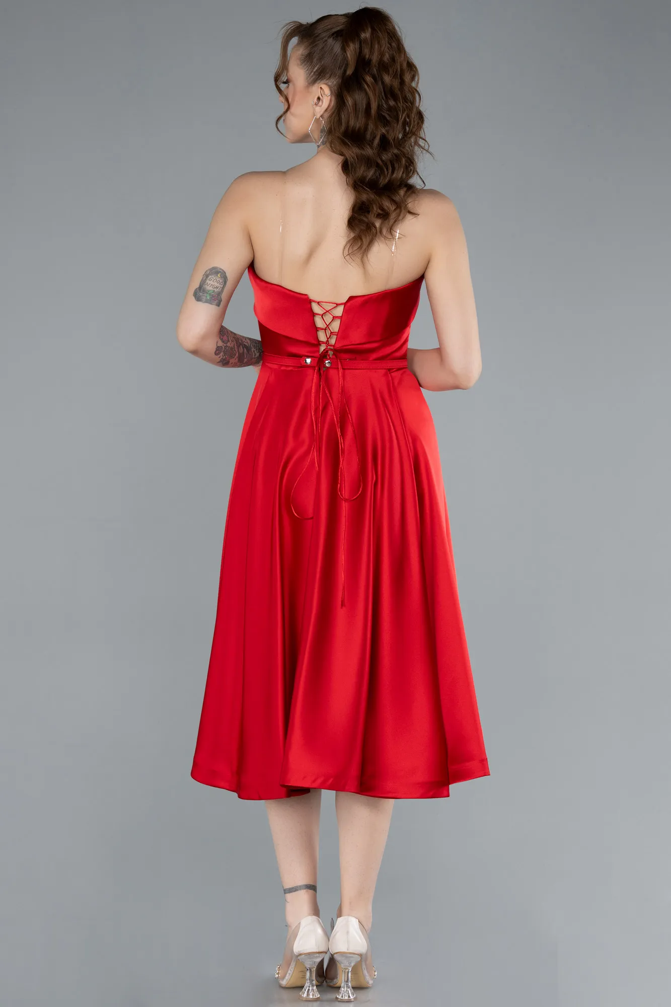 Red-Strapless Belted Midi Satin Party Dress ABK2269