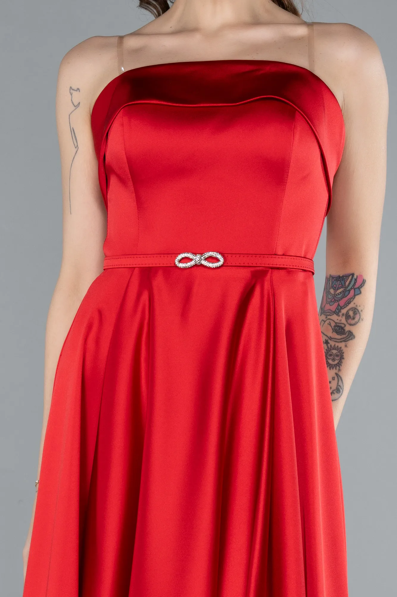 Red-Strapless Belted Midi Satin Party Dress ABK2269