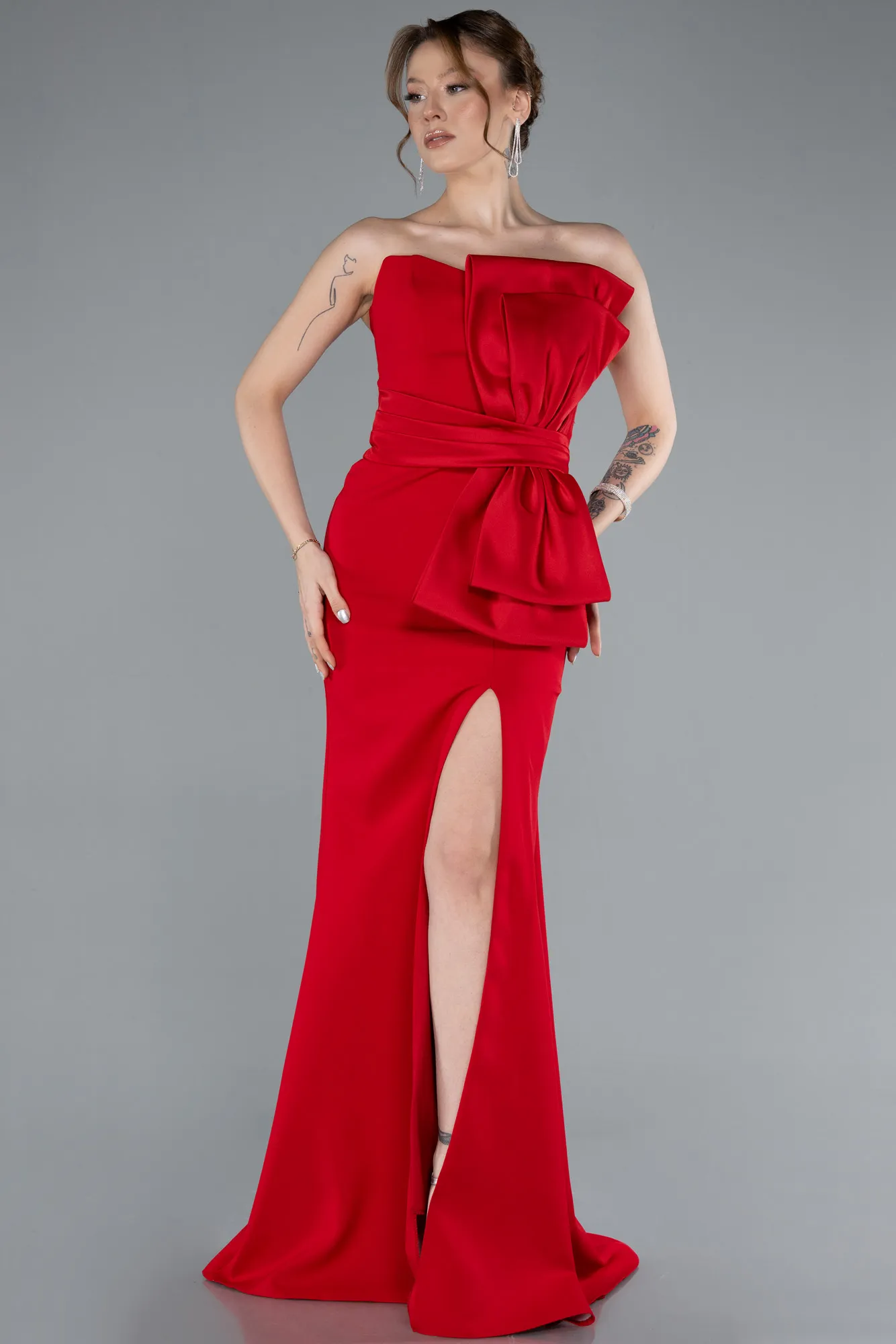 Red-Strapless Bow Deay Slit Long Evening Gown ABU4798