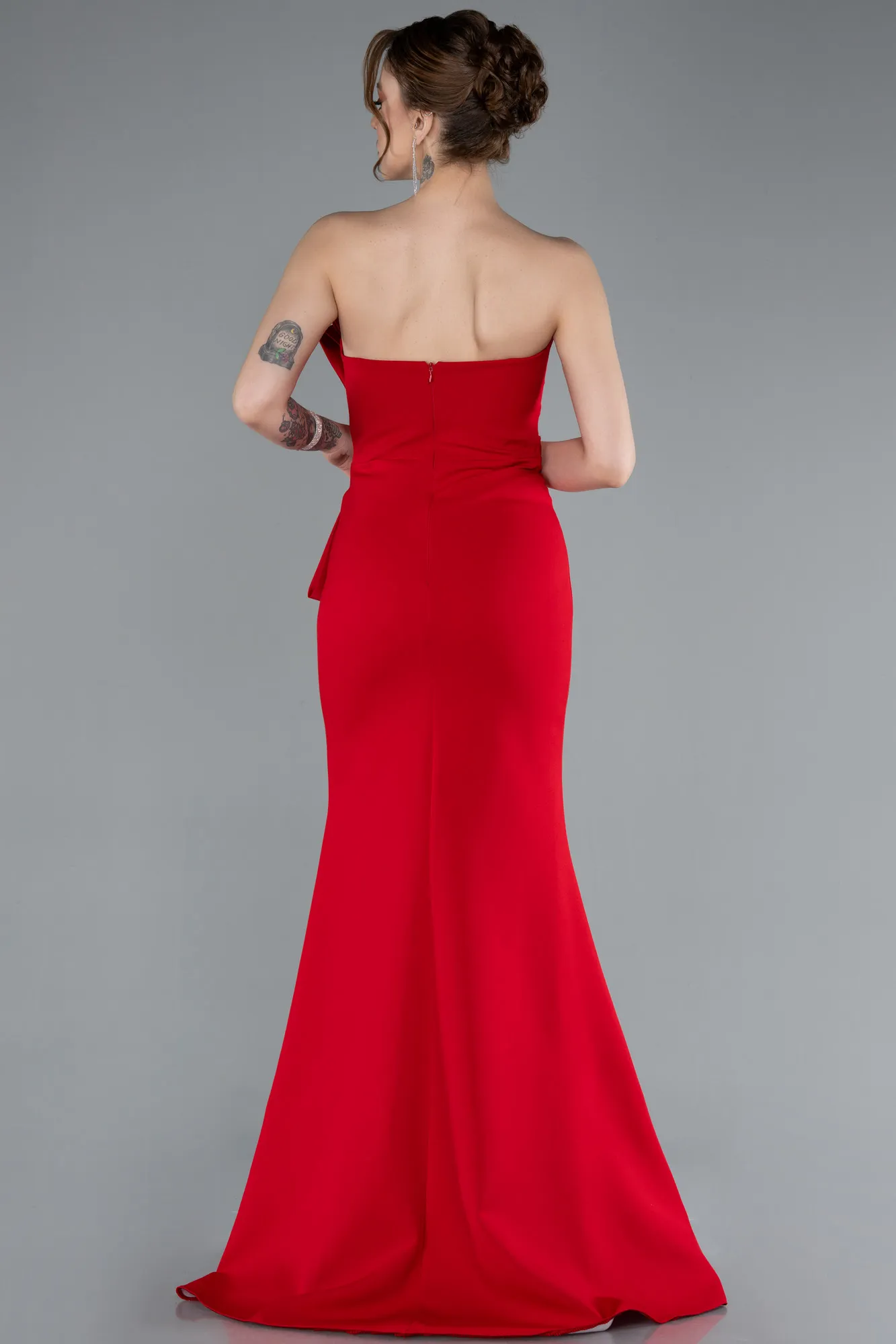 Red-Strapless Bow Deay Slit Long Evening Gown ABU4798