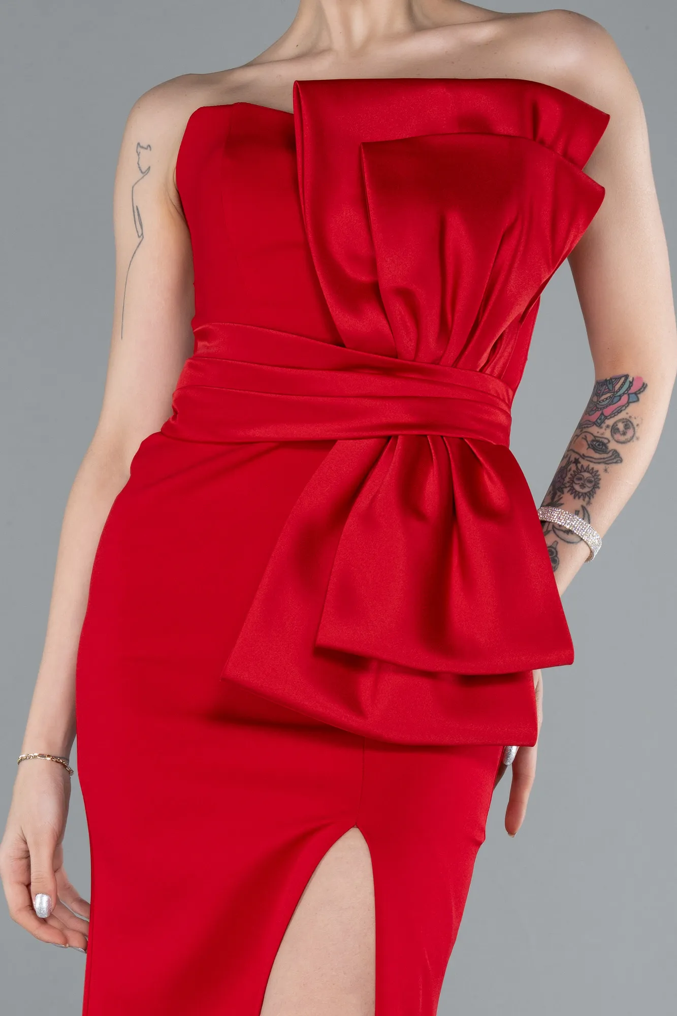 Red-Strapless Bow Deay Slit Long Evening Gown ABU4798