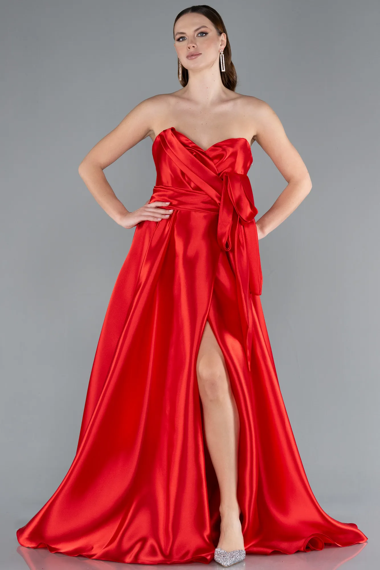 Red-Strapless High Slit Long Satin Graduation Prom Dress ABU4774