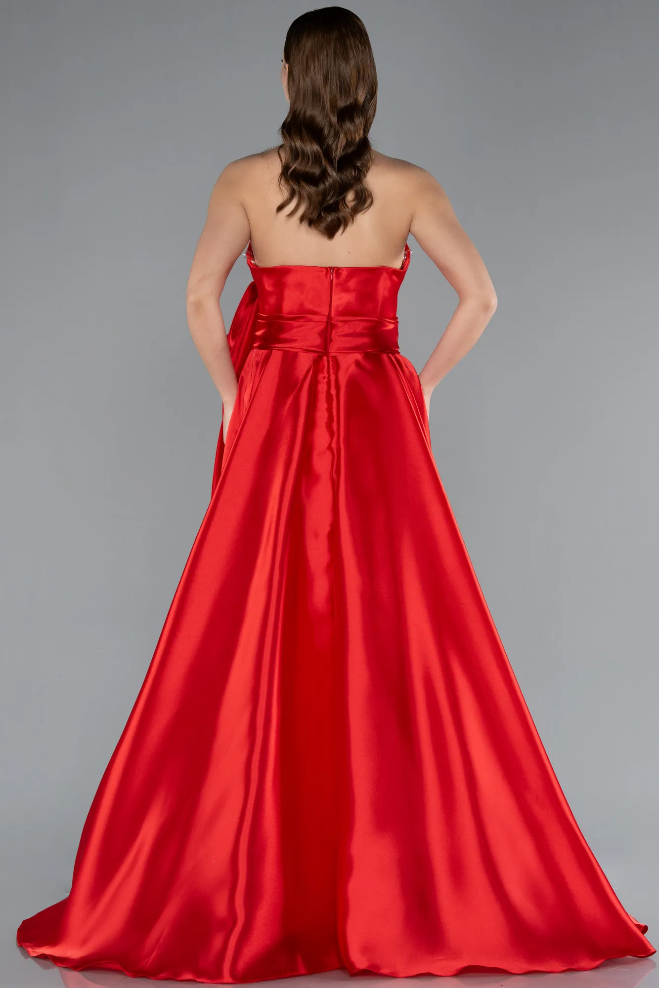 Red-Strapless High Slit Long Satin Graduation Prom Dress ABU4774